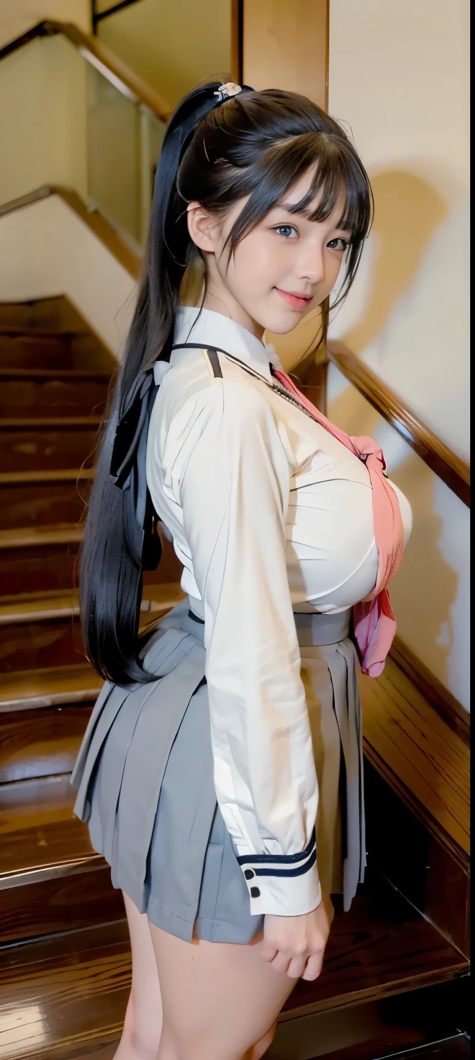 ((Japan&#39;s most beautiful high school girl))、((18 year old Mizu々Shishi Body))((beautiful white skin))((Too big and young breasts))、((Long black hair ponytail))、((She has the face of a serious young lady like the chairman type.))((high school girl uniform))、((too short skirt))、((hair tie on arm))、((Roll up your sleeves))、((Looking down at me from the top of the stairs at home))、((A glimpse of white underwear is visible))、((angelic smile))、((Super realistic texture))、((Monday Tawawa))、((obscene thighs))