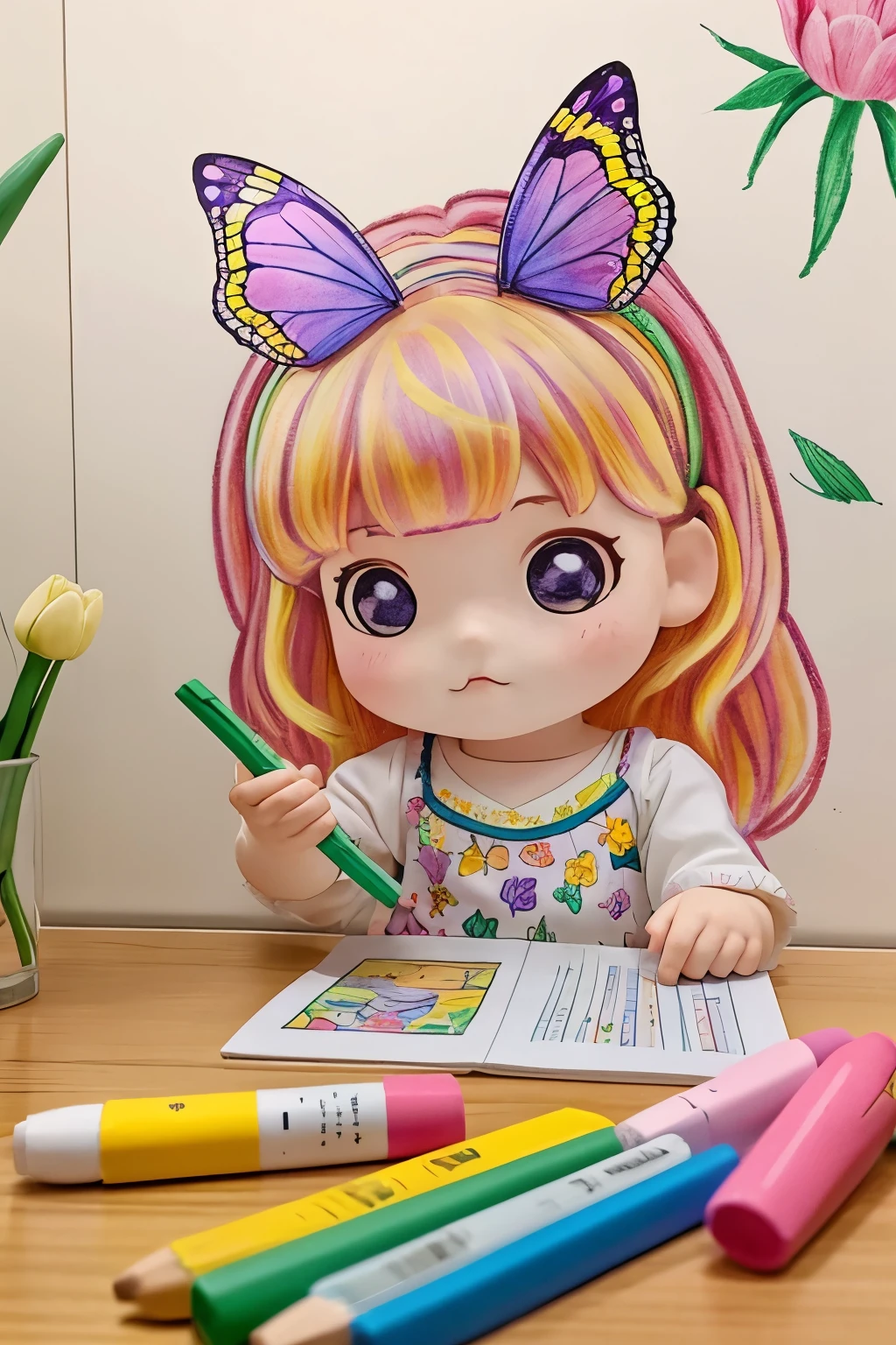 The following scenes will be expressed using chibi girl dolls.（Photoreal、A girl is drawing pictures of tulip flowers and butterflies on the wall with crayons.、The picture is a child&#39;s doodle, but it&#39;s very colorful.）