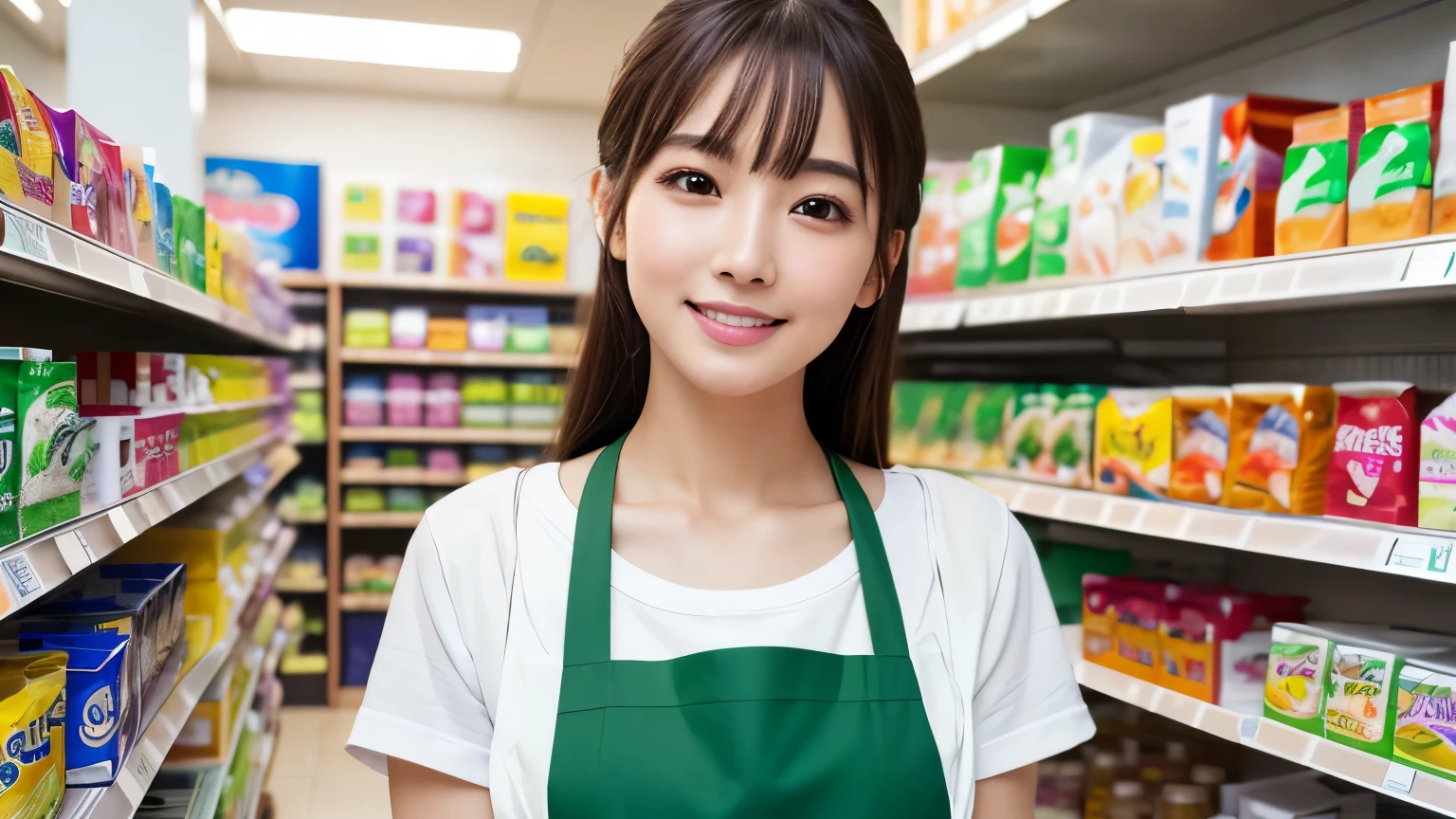 (highest quality、table top、8K、best image quality、Award-winning work)、a woman working at a convenience store、(The most natural and perfect green plain simple apron:1.3)、(simple green apron:1.2)、classy shirt、(big breasts:1.1)、(emphasize body line:1.1)、(standing elegantly:1.1)、beautiful woman portrait、The most natural and perfectly organized convenience store、Convenience store shelves in the background、Perfectly organized shelves、Regularly arranged natural product shelves、(very bright and vivid:1.2)、Strongly blurred background、look at me and smile、(accurate ???????:1.1)、Super high resolution perfect beautiful teeth、Ultra high definition beauty face、ultra high definition hair、Super high-definition sparkling eyes、(輝く超高解像度のShining beautiful skin:1.3)、(Shining beautiful skin:1.2)、Super high resolution glossy lips