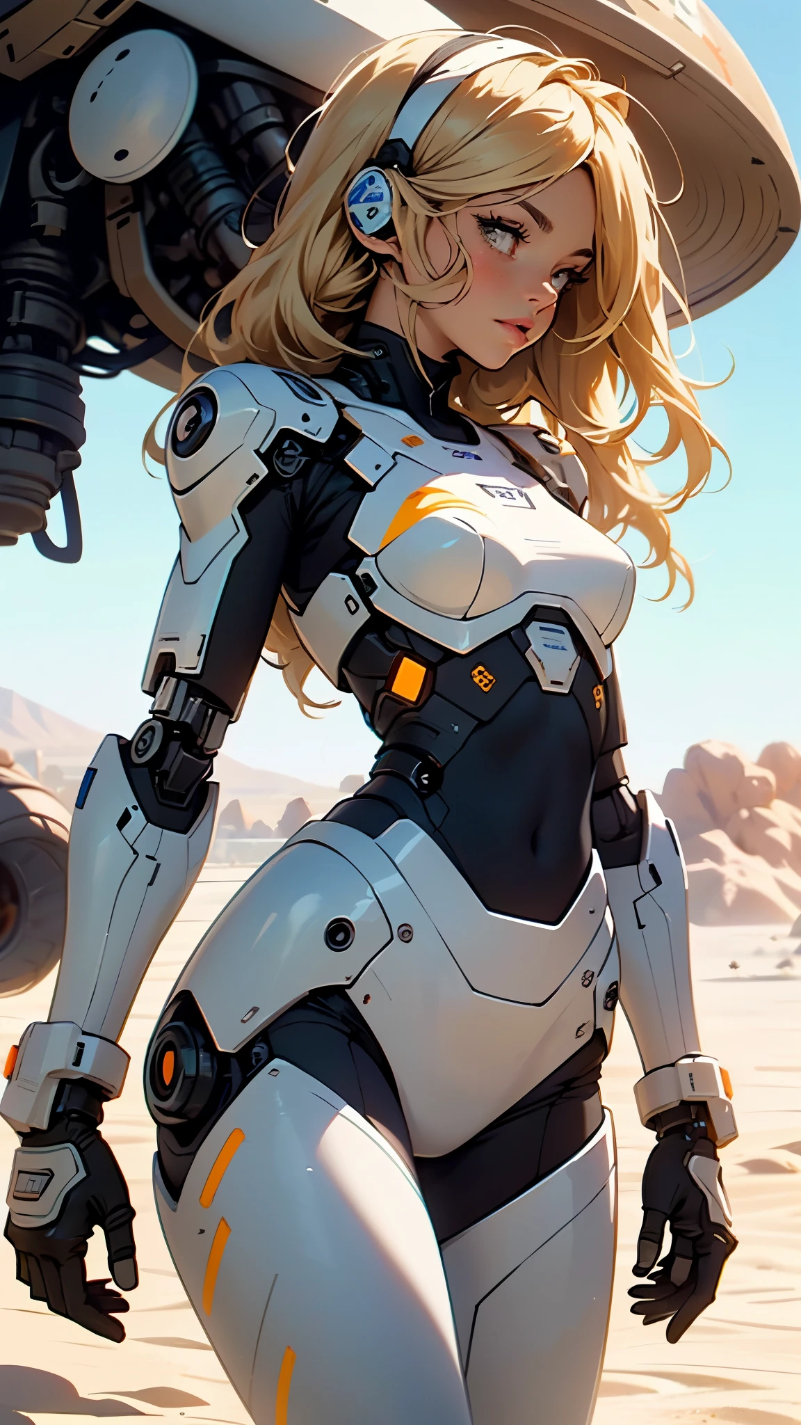 high quality, 4k, masterpiece, beautiful, cyborg girl, cowboy shot, dull eyes, side view, turning around to look at viewer, long blonde hair, girl, small breasts, fit thigh, robotic arms, robotic body, cyborg body, yellow accent, redaccent, intricate detail, joint, detailed lines, robotic detail, holding fist up, holding hand up as fist, color robotic parts, robotic parts with color, perfect fingers, on a desert planet, sunny background, colorful desert,