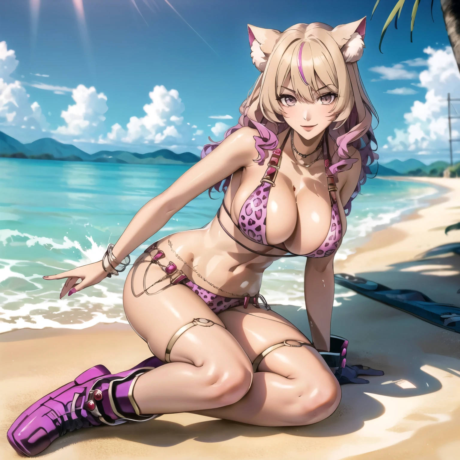 rubia. beautiful woman 25 years old fox ears, cabello rubio brillante . ojos amarillos detallados alta calidad. piel bronceada, brillante. sonrisa mostrando los dientes, rubor , pechos grandes, pink jaguar design bikini, accesorios, botas rosadas, gotas de agua en su pecho, esta caminando de pie en una playa tropical iluminada por el sol, colores vivos, alta calidad. pechos primer plano, cabello rubio.