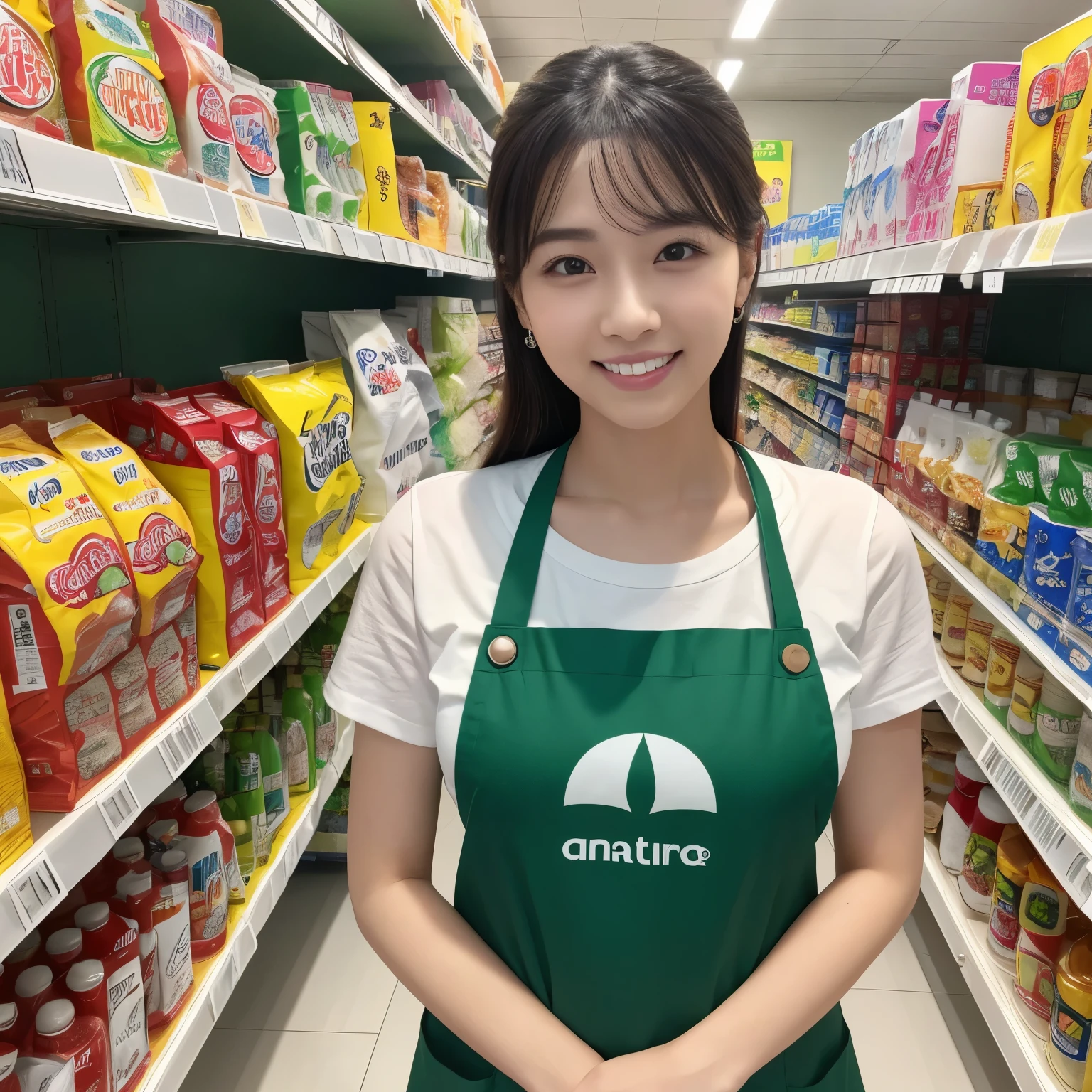(highest quality、table top、8K、best image quality、Award-winning work)、a woman working at a convenience store、(The most natural and perfect green plain simple apron:1.2)、classy shirt、(big breasts:1.1)、(emphasize body line:1.1)、(standing elegantly:1.1)、beautiful woman portrait、The most natural and perfectly organized convenience store、Convenience store shelves in the background、Perfectly organized shelves、Regularly arranged natural product shelves、(very bright and vivid:1.2)、Strongly blurred background、look at me and smile、(accurate anatomy:1.1)、Super high resolution perfect beautiful teeth、Ultra high definition beauty face、ultra high definition hair、Super high-definition sparkling eyes、(輝く超高解像度のShining beautiful skin:1.3)、(Shining beautiful skin:1.2)、Super high resolution glossy lips