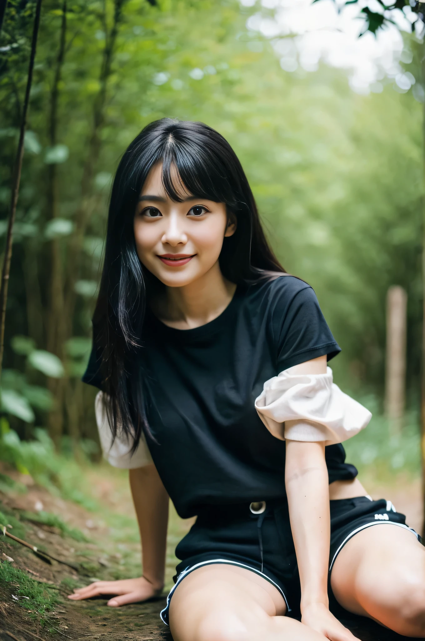 highest quality,masterpiece,32k,realistic,incredibly absurd,Depth of the bounds written、blur background、nature光全身,perfect female body,Photos of beautiful Japanese women,25 year old girl,hand between legs,nature,long hair,black hair,T-shirt,shorts,Happy,