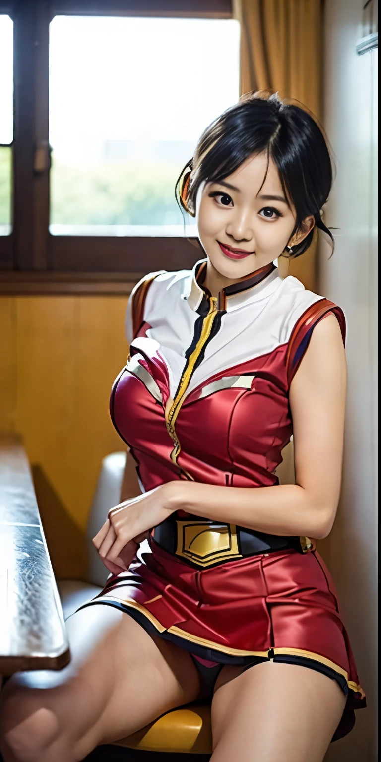 (8K、Raw photography、highest quality、masterpiece:1.2),(black haired、very short hair:1.7),show viewer,Looking at the front,erotic,(super sentai series、She is wearing a red Precure costume.:1.6)、(Clothing that emphasizes the shape of your chest:1.3)、(big breasts :1.3)、slim body shape、ultra high resolution,beautiful,beautiful fece,(alone, alone、no background:1.9),whole bodyボディー,、(black eye、japanese woman: 1.3),(Photoreal:1.37)、photon mapping,reality、(Baby-faced and cute: 1.1)、(cute smile: 1.7)、(With a round face: 1.8)、radio city、Physically based rendering、depth of field rally background、photograph, (I can see your knees,close up of thighs、blue skirt is too short、spread your legs、show off white panties:1.1),whole body、super fine