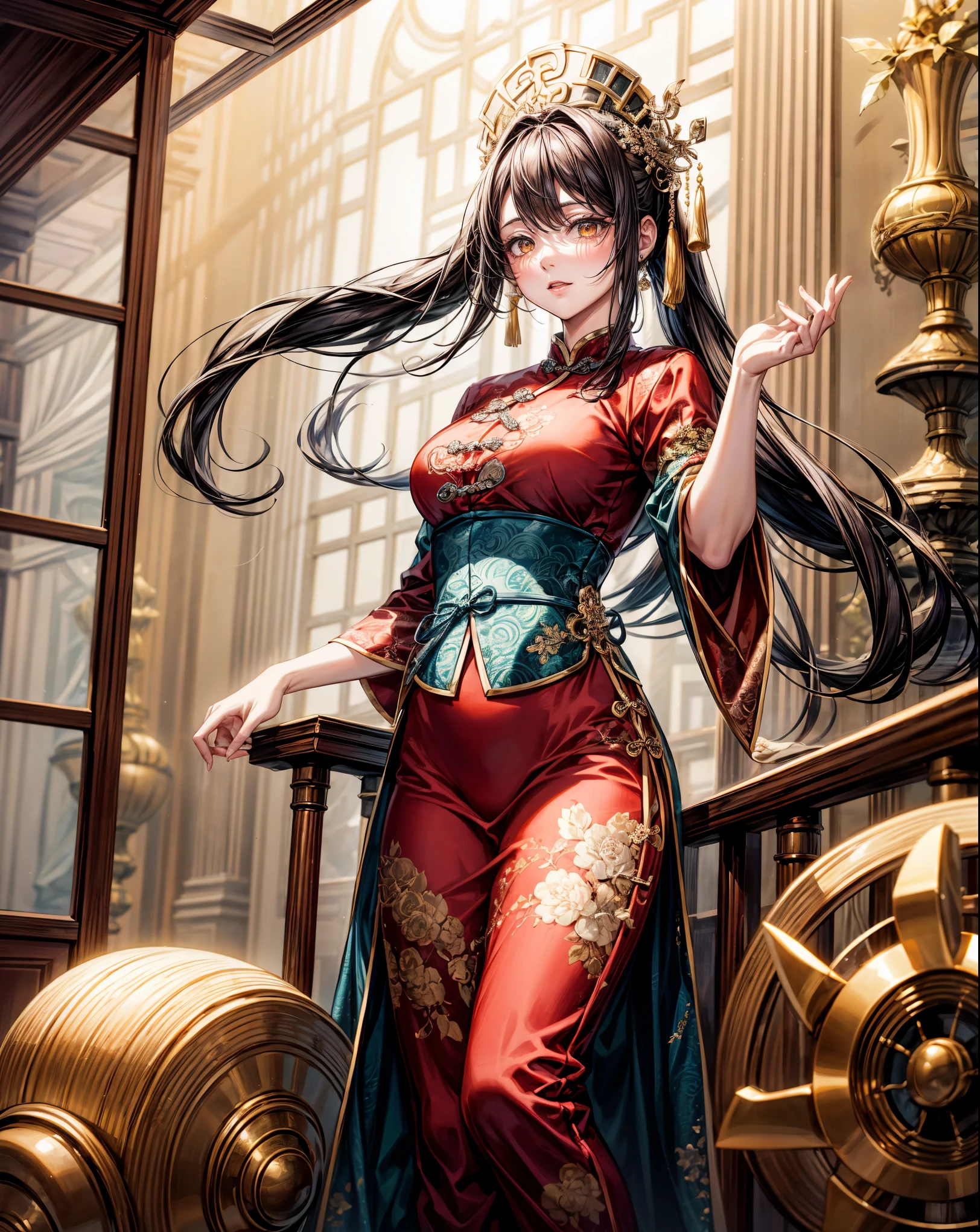 masterpiece,highest quality,Ultra high definition, Tang Dynasty, Beauty, Red Traditional Chinese Costume, Palace, Elegant, Classical Beauty,black hair, brown eyes