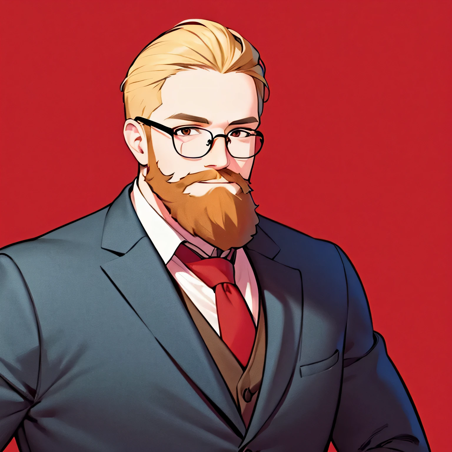 instagram profile photo, Very simple, Solid red background, American, very short beard, one man, round glasses, very short hair, suit, blonde, facing forward