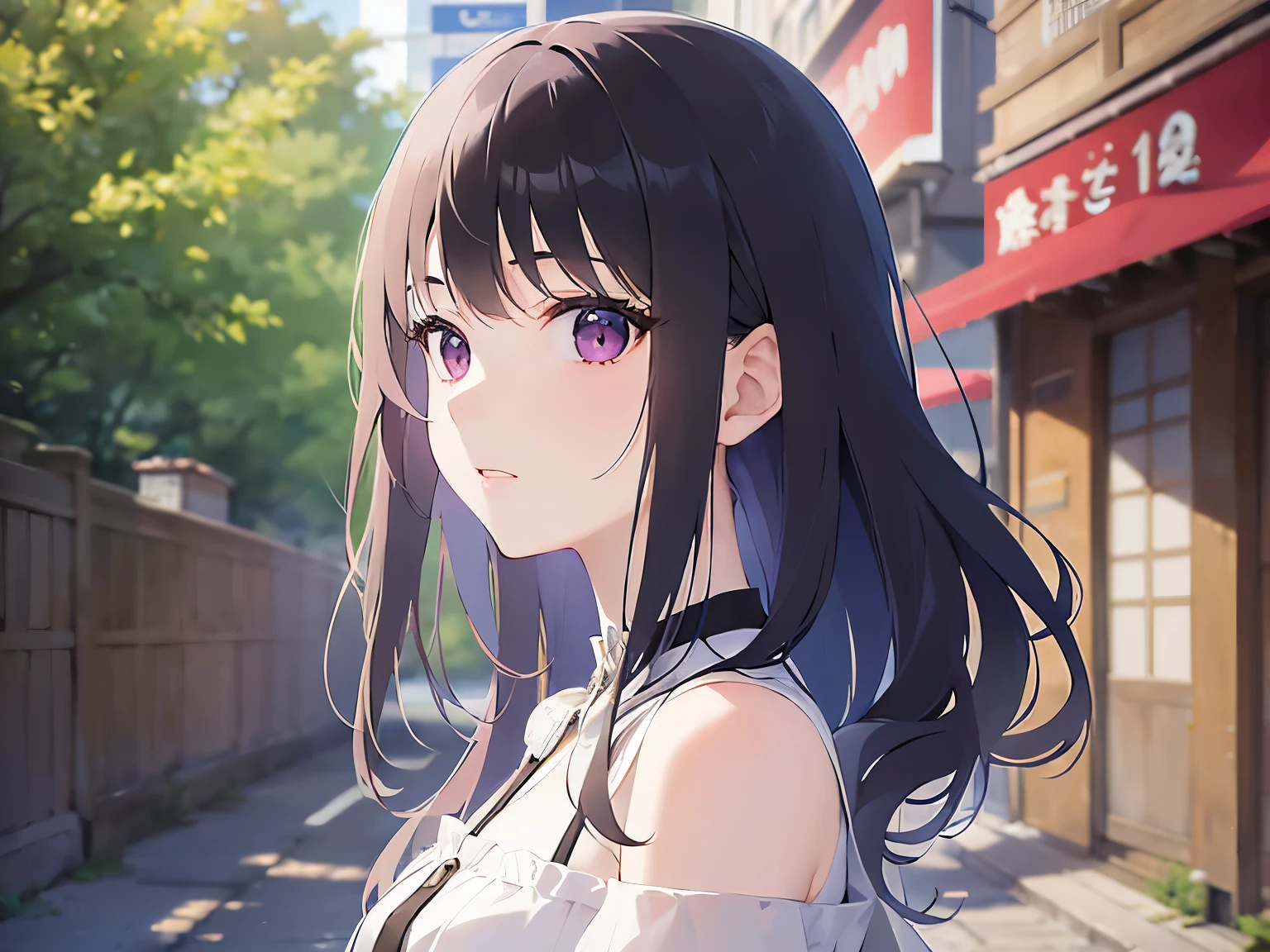 Realistic, real person, (pale skin: 1.2), RAW photo, photorealistic, portrait photography, shiny skin, japanese idol、shiny hair、(25 year old woman with straight medium hair with bangs) and (black hair) and (purple eyes) , (white) and (off shoulder blouse)、No expression, The background is Ginza、Alone、walking、