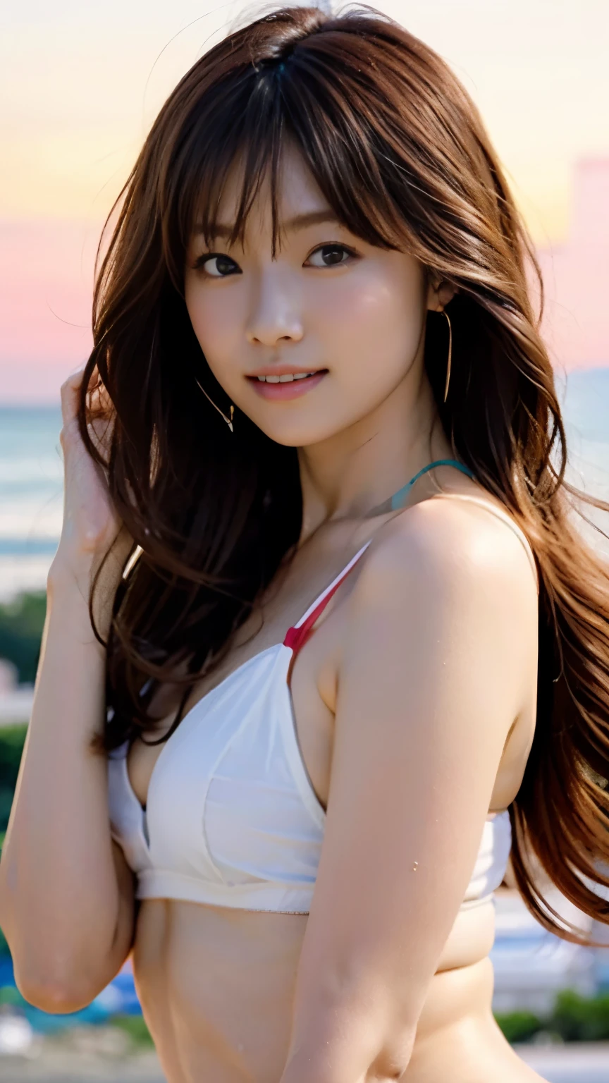 ((Flawless解剖学)),An image of a beautiful girl on a beautiful beach in Hawaii with the bright red sunset reflecting on the sea surface.,nice earrings and necklace,Attractive full body photo from the side with the sunset in the background ,She looks good in a bandeau bikini,(((Thin macho coke bottle body))),Full body shot at the beach,realistic,Flawless,best image quality,professional angle of view,excellent details,ultra high resolution,realistic:1.4),high detail,focus on details,High concentration of 1girls,Beautiful long chestnut hair waving in the wind,Beautiful face with a delicate and high nose,Long limbs and slim waist like a model,Beautiful tight ankles stand out,white skin is dazzling,