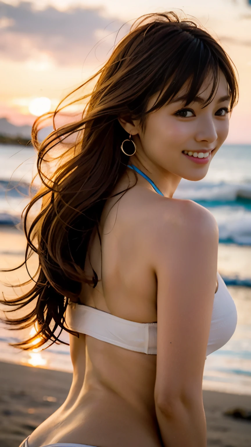 ((Flawless解剖学)),An image of a beautiful girl on a beautiful beach in Hawaii with the sunset reflecting on the sea surface.,nice earrings and necklace,Attractive silhouette photo taken from the front with the sunset in the background ,She wears a twisted bandeau bikini beautifully,(((best coke bottle body))),Full body shot at the beach,realistic,Flawless,best image quality,professional angle of view,excellent details,ultra high resolution,realistic:1.4),high detail,focus on details,High concentration of 1girls,Beautiful long chestnut hair waving in the wind,Beautiful face with a delicate and high nose,Long limbs and slim waist like a model,Beautiful tight ankles stand out,white skin is dazzling,