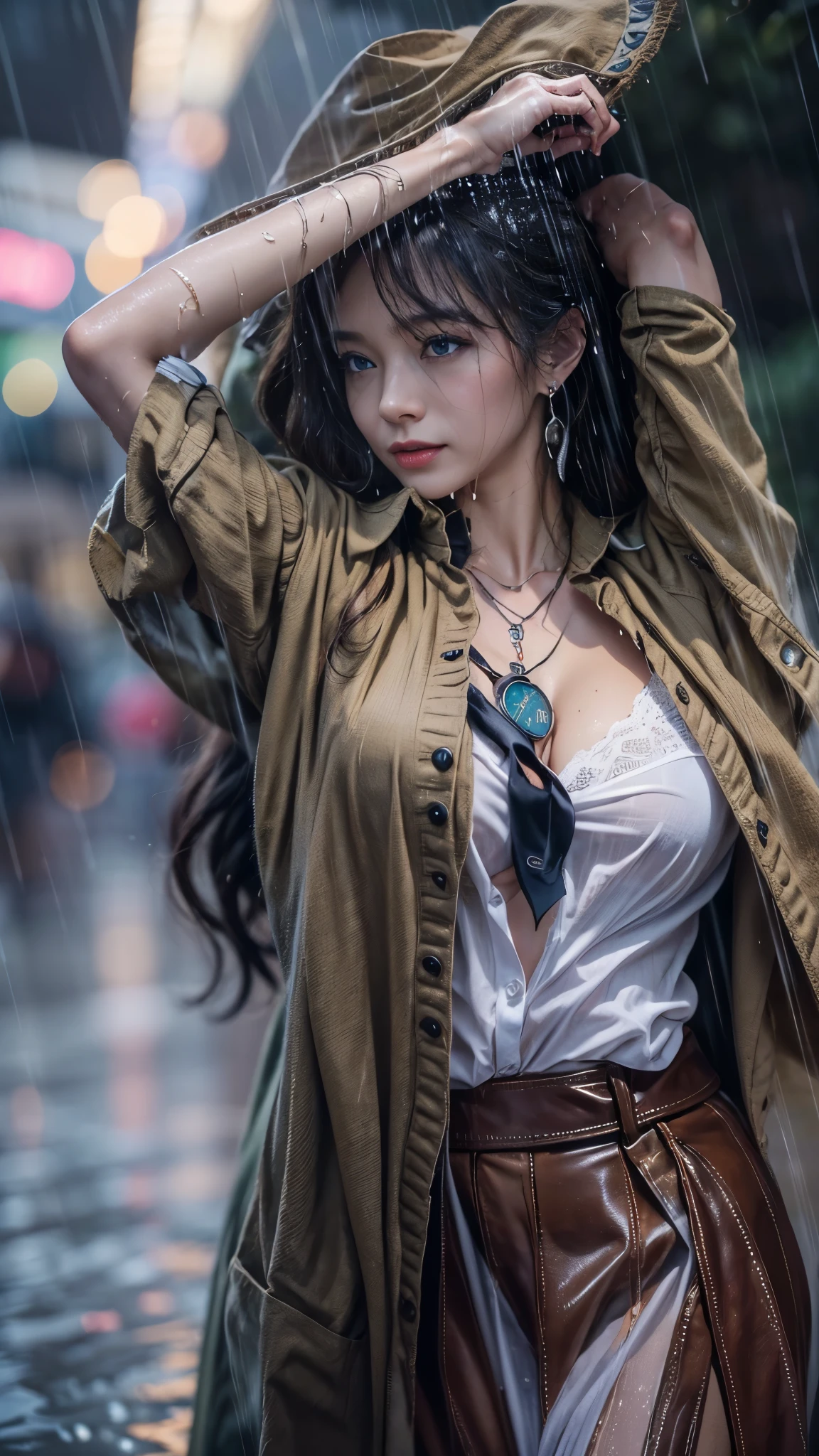 (RAW shooting, Photoreal:1.5, 8K, highest quality, masterpiece, ultra high resolution), perfect dynamic composition:1.2, Night street corner of a modern city, sentiment:1.3, (((Typhoon heavy rain))), Highly detailed skin and facial textures:1.2, Slim office lady wet in the rain:1.3, sexy beauty:1.1, perfect style:1.2, beautiful and aesthetic:1.1, Fair skin, very beautiful face, water droplets on the skin, (rain drips all over my body:1.2, wet body, wet hair:1.4, wet office skirt:1.2, wet office lady uniform:1.3), belt, (Medium chest, Bra is transparent, Chest gap), (look of resignation, embarrassing smile, The expression on your face when you feel intense caress, Facial expression when feeling pleasure), (beautiful blue eyes, Eyes that feel beautiful eros:0.8), (Too erotic:0.9, Bewitching:0.9), cowboy shot, Shoulder bag, necklace, earrings, bracelet, clock