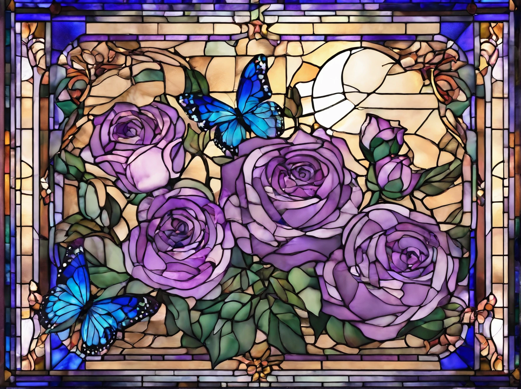 Blue roses,3 cute little purple butterflies（Butterfly wings, Light reddish purple, ） , gentle atmosphere, warm light, a moon,Star, Multicolored Glass