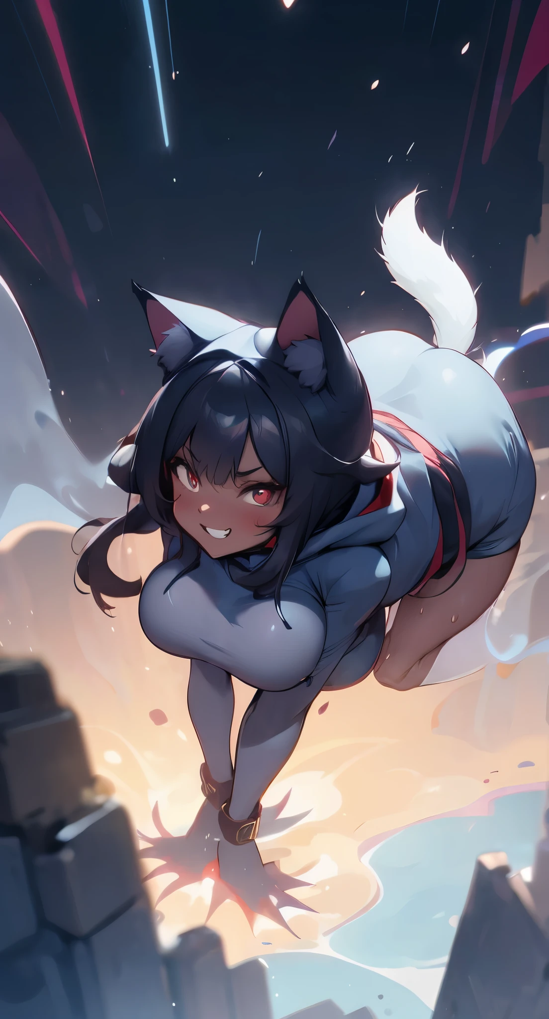 1girl, solo, taokakams, hood, animal hood, cat hood, red eyes, hoodie, tail,cat tail, smile, grin, teeth, claws, thighs, dark skin, dark-skinned female, huge breasts, Yoko_Cosplay,(heavenly thighs),fart,((farting,onara)), embarrassed,farts,gassy,bloated,belly,butt,(sweaty),bending over,back view,
