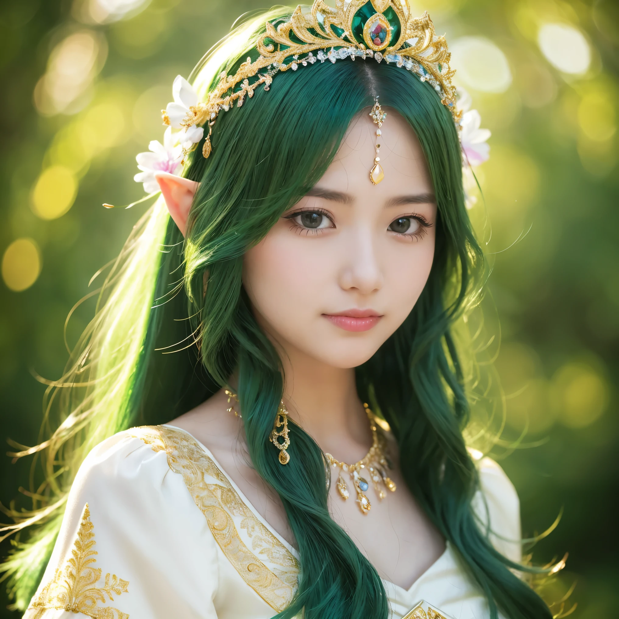 (masterpiece、highest quality、Highest image quality、8K、Award-winning work、Ultra high definition)、(one gorgeous elf princess:1.1)、(A number of intricately detailed dresses and ornaments々:1.he wears countless ornaments that are elaborately detailed.:1.1)、(A large amount of princess accessories with very elaborate details:1.1)、(perfect pointy elf ears:1.1)、(Beautiful leaf and flower decorations on the head:1.1)、Reveal pointy elf ears、(The Most Sacred Princess Dresses:1.1)、(The most noble and luxurious elf princess dress:1.1)、(expose one's shoulders:1.1)、(Beautiful oversized sleeves with transparent top quality:1.1)、(The most luxurious and highest quality giant tiara:1.1)、(The most luxurious and highest quality giant necklace:1.1)、(close up of face:1.3)、(the most beautiful princess hairstyle:1.1)、green hair、(The background is a gorgeous sacred forest:1.1)、Gorgeous and intricately decorated dress in yellow-green and white tones、(Fairy tale brilliance:1.1)、(Tyndall effect:1.2)、fairy tale atmosphere、fantasy、sacred and noble elf、Accurately recreate every detail of the perfect elf princess、The most complex and detailed forest、(yellow-green fog:1.1)、(Filled with Divine Light:1.1)、beautiful lush tree々、A forest illuminated by sacred green light、great movie lighting、(smile looking at me:1.1)、the most luxurious and intricate dresses、slender body、small cleavasize body line、accurate anatomy、perfect makeup、(鮮やかな黄緑に輝くUltra high definitionの瞳:1.1)、(very bright and vivid:1.1)、Green Eyeshadow、Ultra high definitionの美しい瞳、Ultra high definitionの艶のある肌、Beautiful skin that shines brightly、Ultra high definitionの艶のある美肌、Ultra high definitionの艶のある美しい髪の毛、Ultra high definitionの美しい歯、Stand upright facing the front