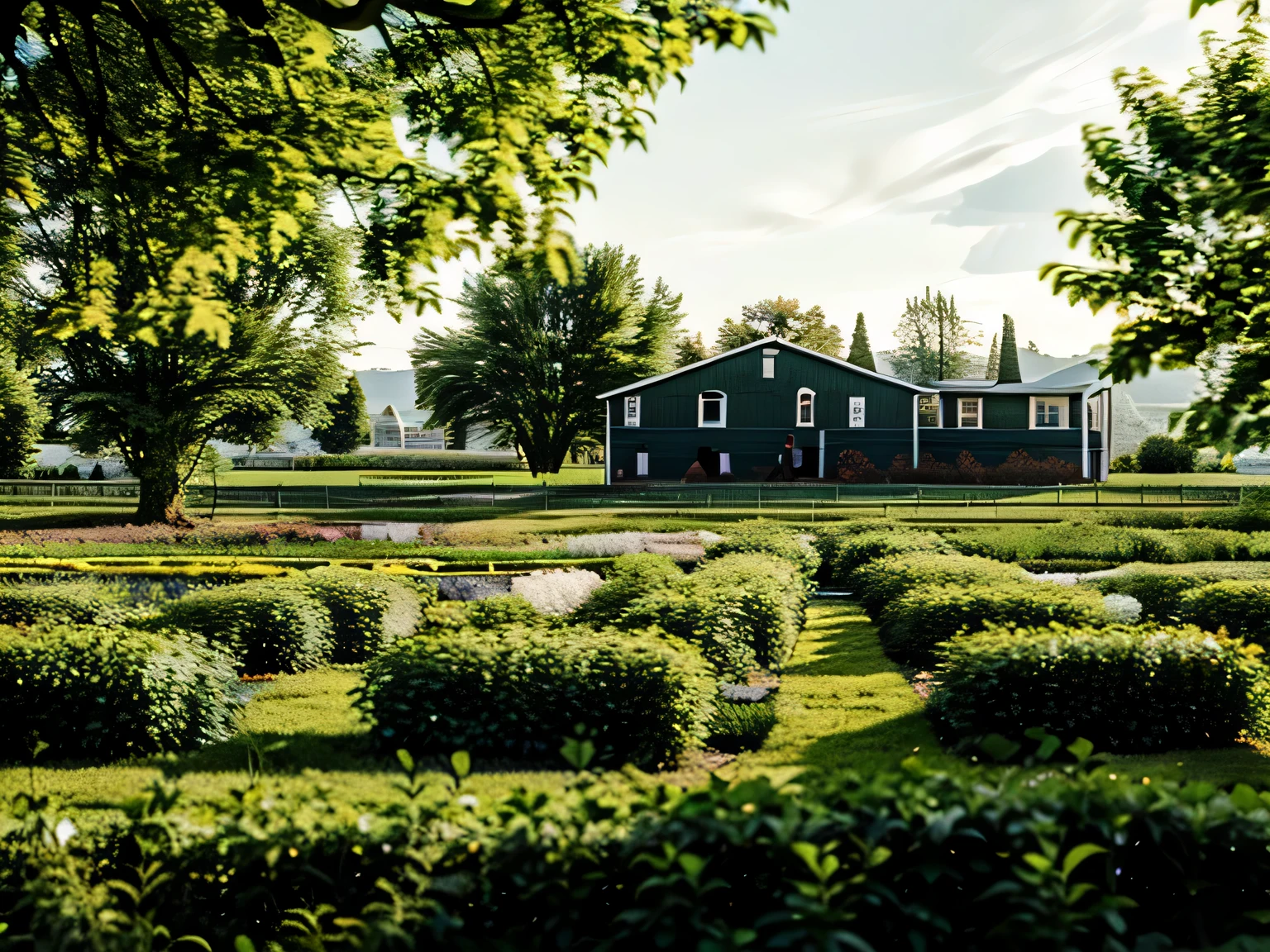 mixed vegetable farm, with beautiful vintage farmhouse in background, tomato vines, realistic, detailed, masterpieces