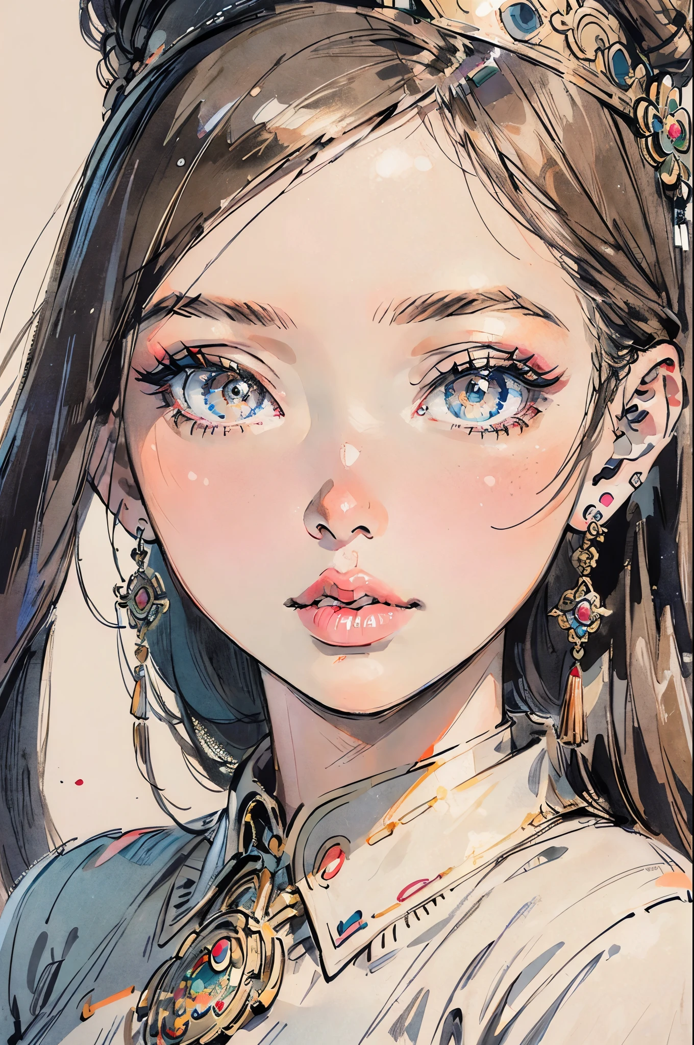 "(perfect masterpiece:1.2), (best quality:1.2), stunning face,  , mature chubby, large pupil, Bright Eyes, cosmetic, Long, luxurious eyelashes, plump lips, irresistible charm."