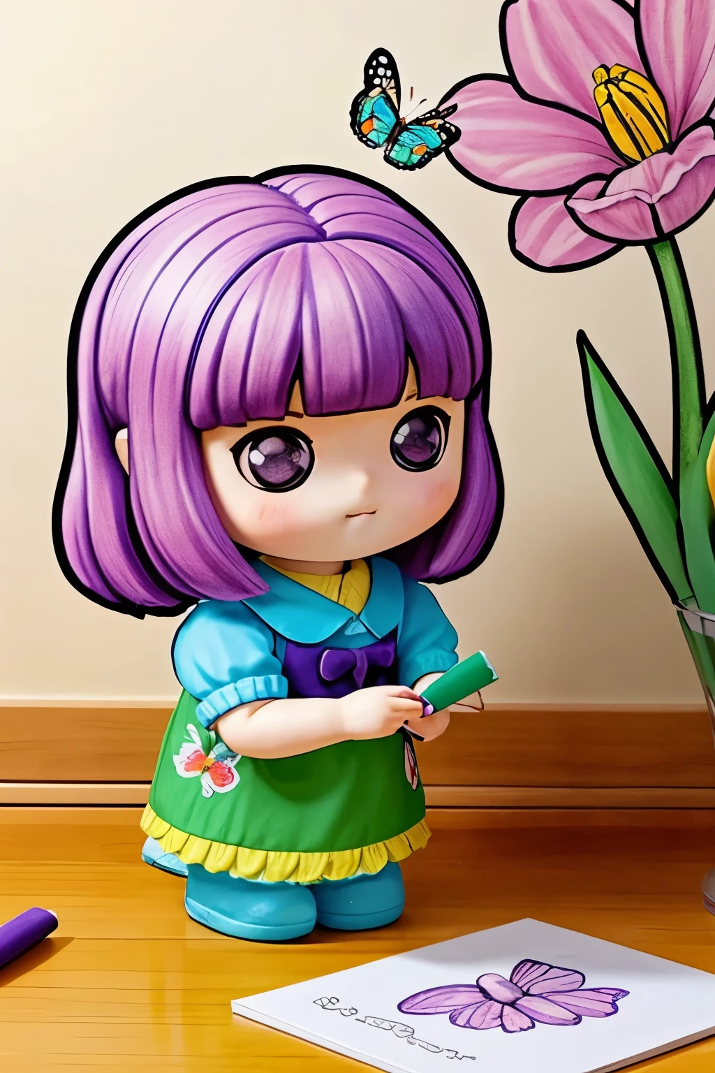 The following scenes will be expressed using chibi girl dolls.(Photoreal、A girl is drawing pictures of tulip flowers and butterflies on the wall with crayons.、The picture is a child's doodle, but it's very colorful.)