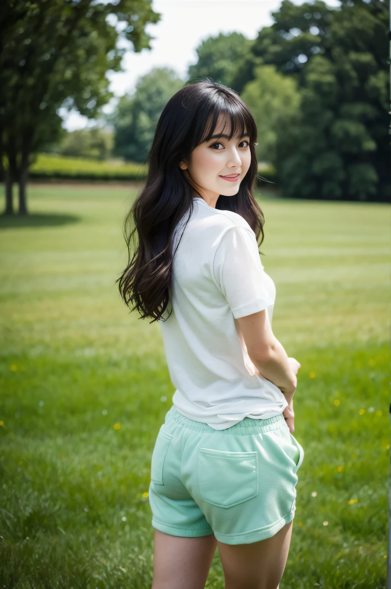 highest quality,masterpiece,32k,realistic,incredibly absurd,Depth of the bounds written、blur background、Natural light all over the body,perfect female body,Photos of beautiful Japanese women,25 year old girl,arched back,grassland,long hair,black hair,T-shirt,shorts,Happy,