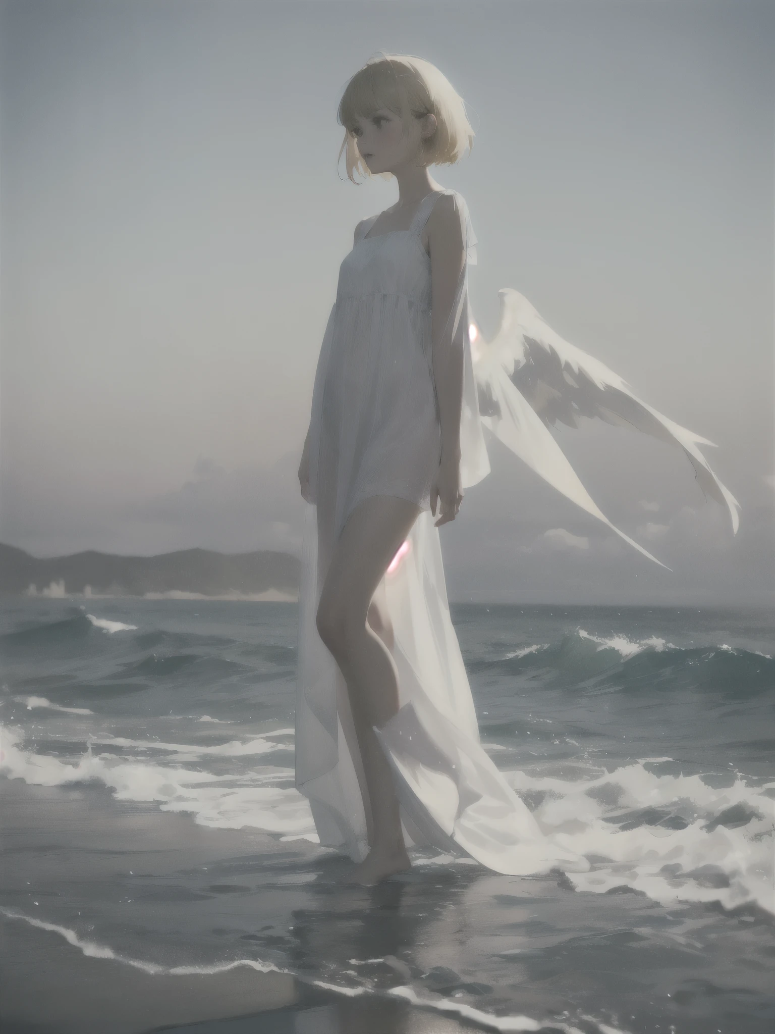 A girl stands near the sea among the fog. She's wearing a white dress. She has white wings. blond short hair