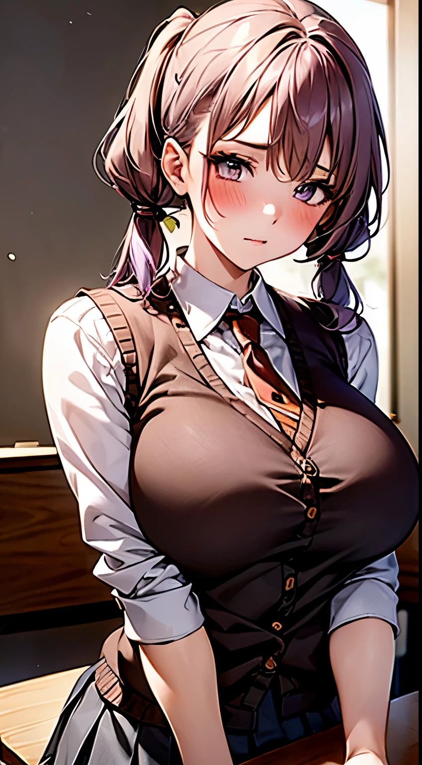 (NFSW:1.3), highest quality、best image quality、masterpiece、table top、elaborate design、visual art、　(table top, highest quality, High resolution, , perfect pixel, 4k,), 1 girl, single, alone, Beautiful woman、I could see the whole body, ((detailed face, blush:1.2)), (big breasts:1.4), dynamic angle, perfect body, 
((low twin tails:1.5, light purple hair)), (flowing bangs, gold eyes, droopy eyes:1.4, Big eyes, long eyelashes chest), 
((fine fabric texture, light brown cardigan vest:1.4, Light grey pleated skirt, white collared shirt, dark red tie)), 
(beautiful scenery), daytime, (school classroom), Are standing, (closed mouth), 