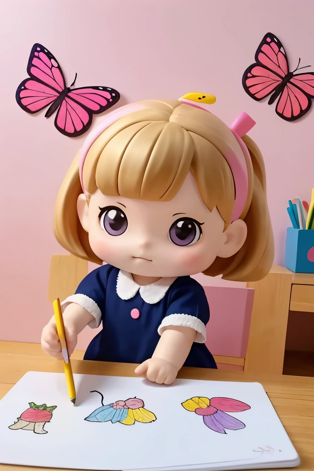 The following scenes will be expressed using chibi girl dolls.（Photoreal、A girl is drawing pictures of tulip flowers and butterflies on the wall with crayons.、The picture is a &#39;s doodle, but it&#39;s very colorful.）