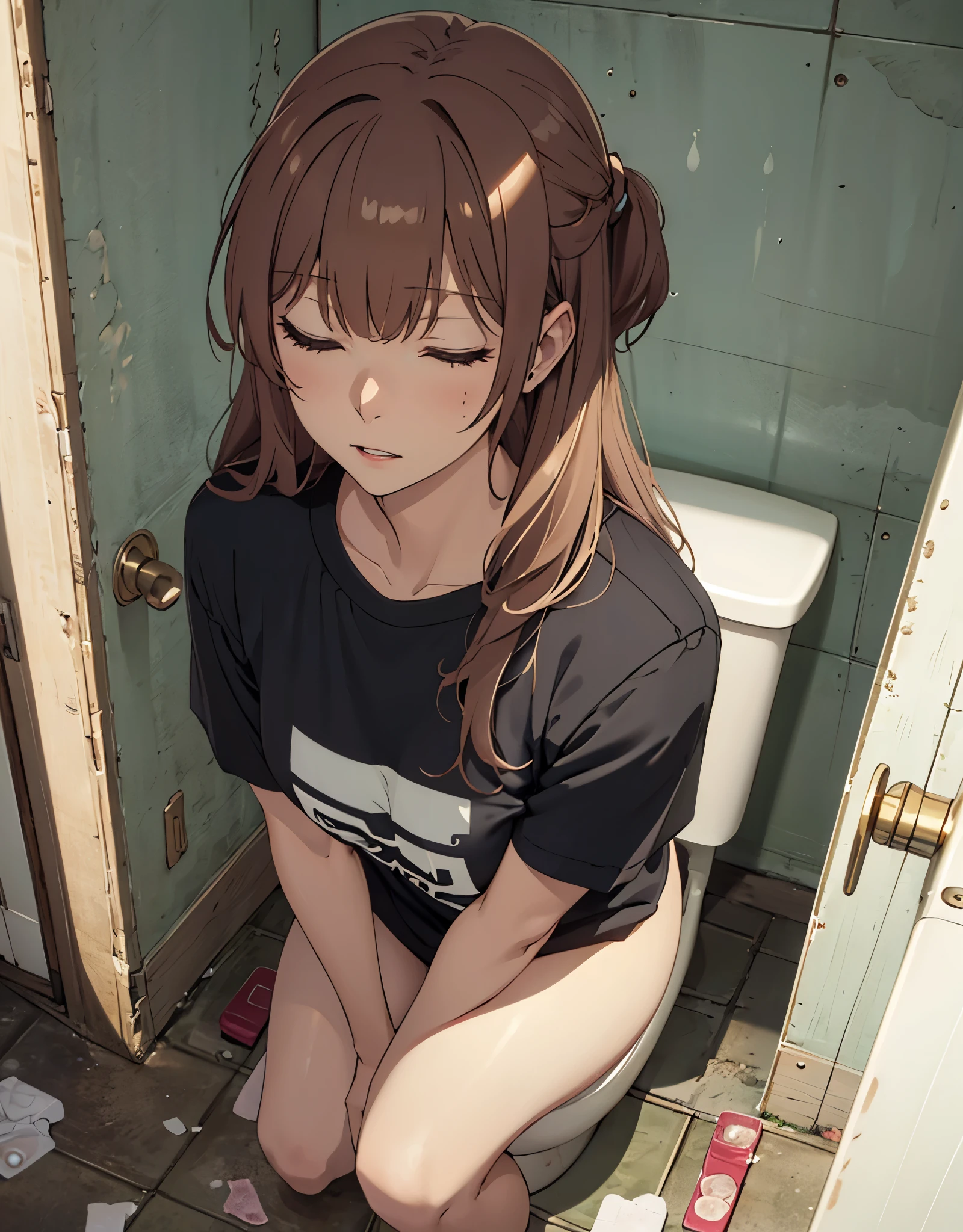 ((masterpiece,best quality)), highres, extremely detailed 8K wallpaper, depth_of_field, cowboy shot, solo, 1girl, saeki sayaka yagatekimininaru, long hair, (honey color hair), blue eyes, bow, big breasts, wide hips, thights, dirty and dull bathroom, black shirt with short sleeves, baggy eyes, big butt, dark blonde hair, disgusted expression, shadows under her eyes, baggy eyes, cracks in the walls, sitting on the toilet, peeing, closed eyes, used condoms on the floor, pubic hair, hairy pussy