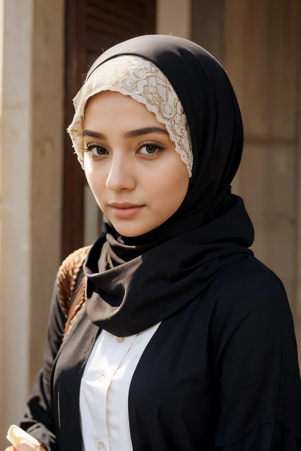 A girl wearing a hijab looks beautiful and elegant, and the hijab she wears reflects her culture and religion. She may have a modest and respectable appearance, and highlight her beauty in a modest and respectable manner. The hijab styles worn by a hanati girl may vary according to her personal choice and preferences, but in general her appearance can be modest and elegant..