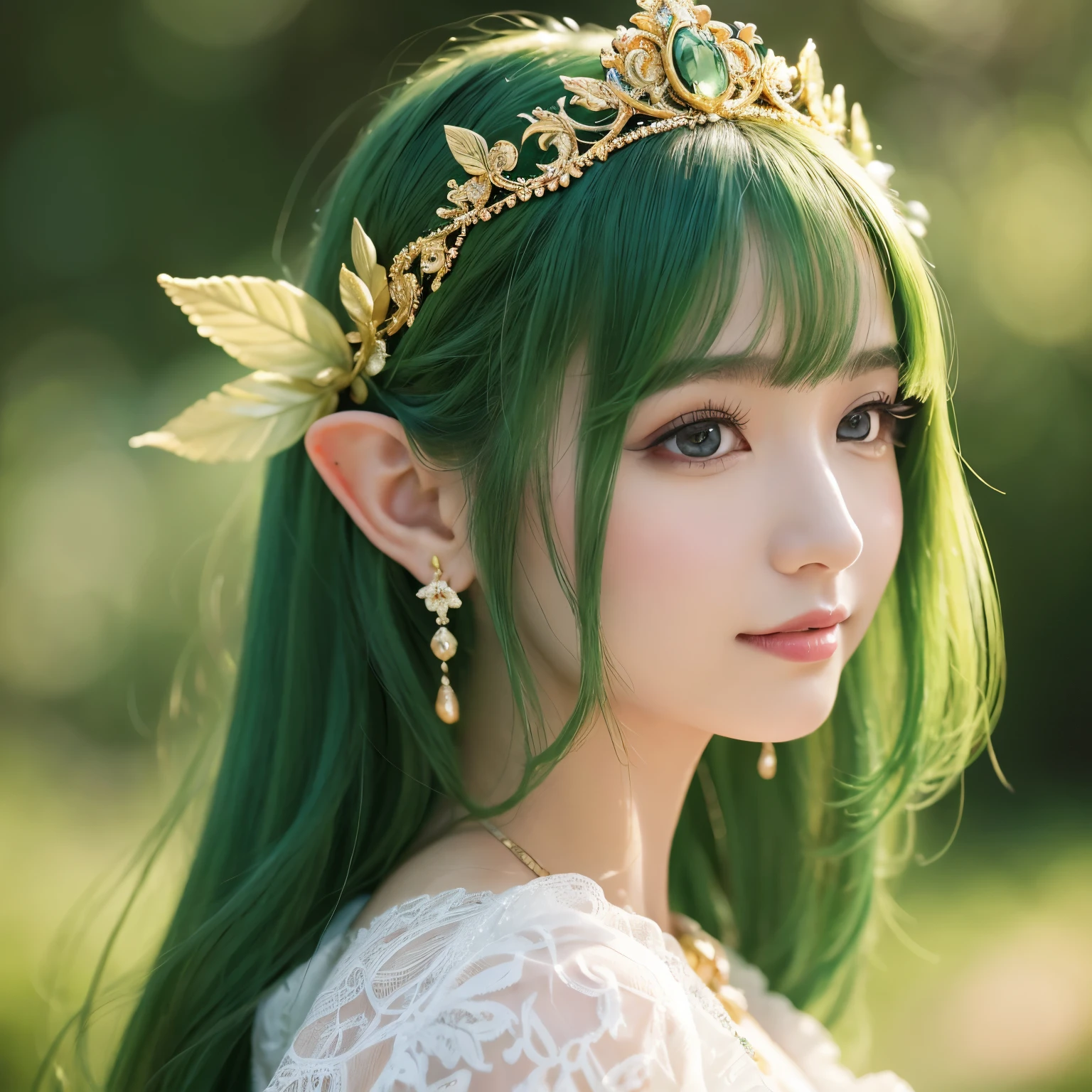 (masterpiece、highest quality、Highest image quality、8K、Award-winning work、Ultra high definition)、(one gorgeous elf princess:1.1)、(A number of intricately detailed dresses and ornaments々:1.1)、(She wears countless ornaments that are elaborately detailed.:1.1)、(A large amount of princess accessories with very elaborate details:1.1)、(perfect pointy elf ears:1.1)、Reveal pointy elf ears、(The Most Sacred Princess Dresses:1.1)、(The most noble and luxurious elf princess dress:1.1)、(expose one&#39;s shoulders:1.1)、(Beautiful oversized sleeves with transparent top quality:1.1)、(The most luxurious and highest quality giant tiara:1.1)、(The most luxurious and highest quality giant necklace:1.1)、(close up of face:1.3)、(the most beautiful princess hairstyle:1.1)、green hair、(The background is a gorgeous sacred forest:1.1)、Gorgeous and intricately decorated dress in yellow-green and white tones、(Fairy tale brilliance:1.1)、(Tyndall effect:1.2)、fairy tale atmosphere、fantasy、sacred and noble elf、Accurately recreate every detail of the perfect elf princess、The most complex and detailed forest、(yellow-green fog:1.1)、blurred background、(Filled with Divine Light:1.1)、beautiful sunlight filtering through the foliage、beautiful lush tree々、A forest illuminated by sacred green light、great movie lighting、smile looking at me、the most luxurious and intricate dresses、slender body、small cleavage、emphasize body line、accurate anatomy、perfect makeup、(鮮やかな黄緑に輝くUltra high definitionの瞳:1.1)、(very bright and vivid:1.1)、Green Eyeshadow、Ultra high definitionの美しい瞳、Ultra high definitionの艶のある肌、Beautiful skin that shines brightly、Ultra high definitionの艶のある美肌、Ultra high definitionの艶のある美しい髪の毛、Ultra high definitionの美しい歯、Stand upright facing the front