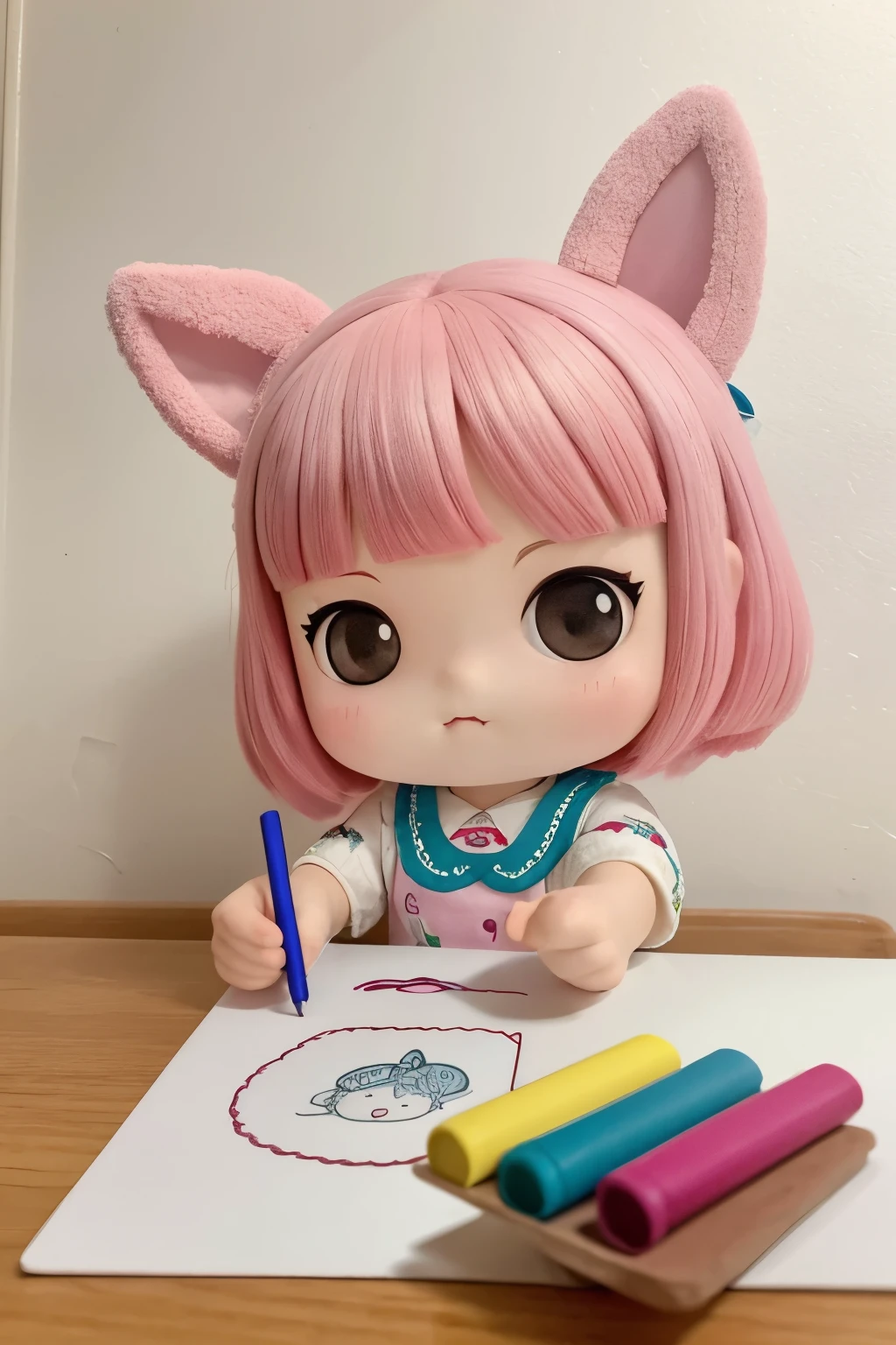 The following scenes will be expressed using chibi girl dolls.(Photoreal、A girl is drawing pictures of tulip flowers and butterflies on the wall with crayons.、The picture is a child's doodle, but it's very colorful.)