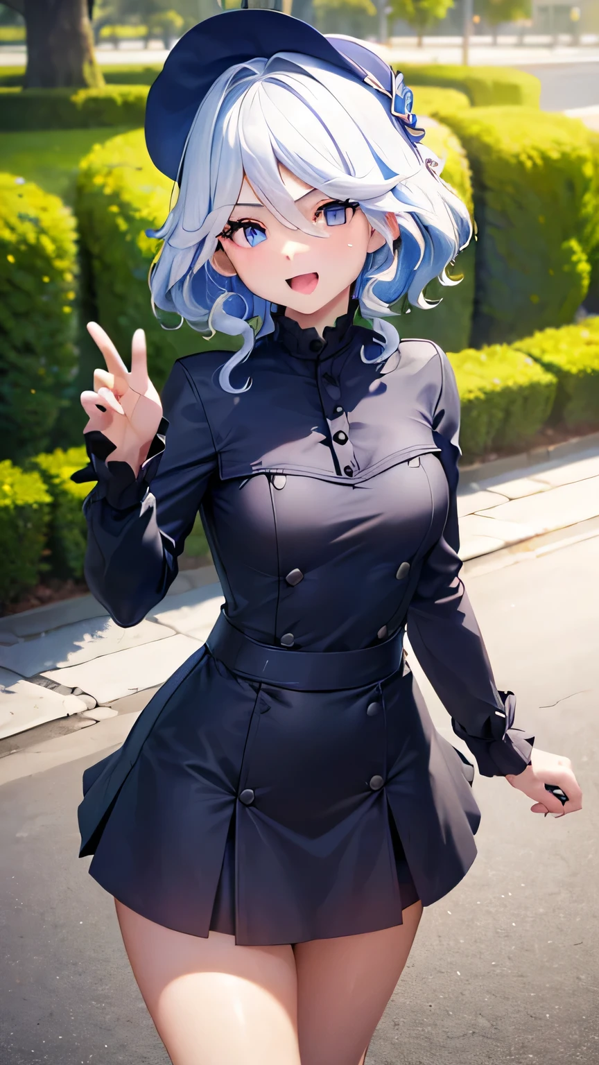 (Mejor calidad,4k,A high resolution,obra maestra:1.2),ultra detallado,hermosos ojos detallados, cuerpo adolescente,expresiones alegres,personaje furina, 16 year old teenager, happy expression,caminando en la calle, cabello brillante,Furina has