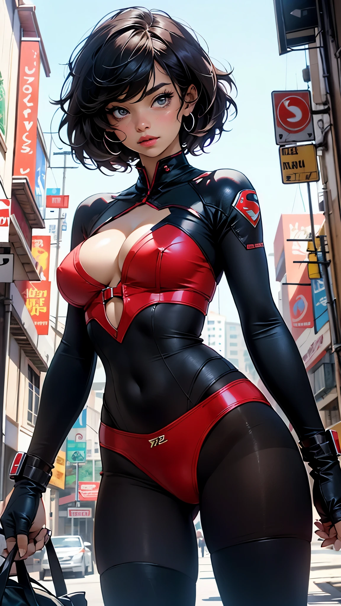 motor irreal:1.4,CG ultra realista 64K, big , big tits, fotorrealista:1.4, textura de la piel:1.4, obra maestra:1.4,posing behind Hermosa mujer Usando un disfraz sexy de Supergirl, cabello rubio y rubio, ojos azules, ropa interior, traje de super cyberpunk .red Lingerie,pantyhose, caderas anchas,An apocalyptic city of fire, mostrando vientre plano,Minifalda roja, ,hermosas manos finas,