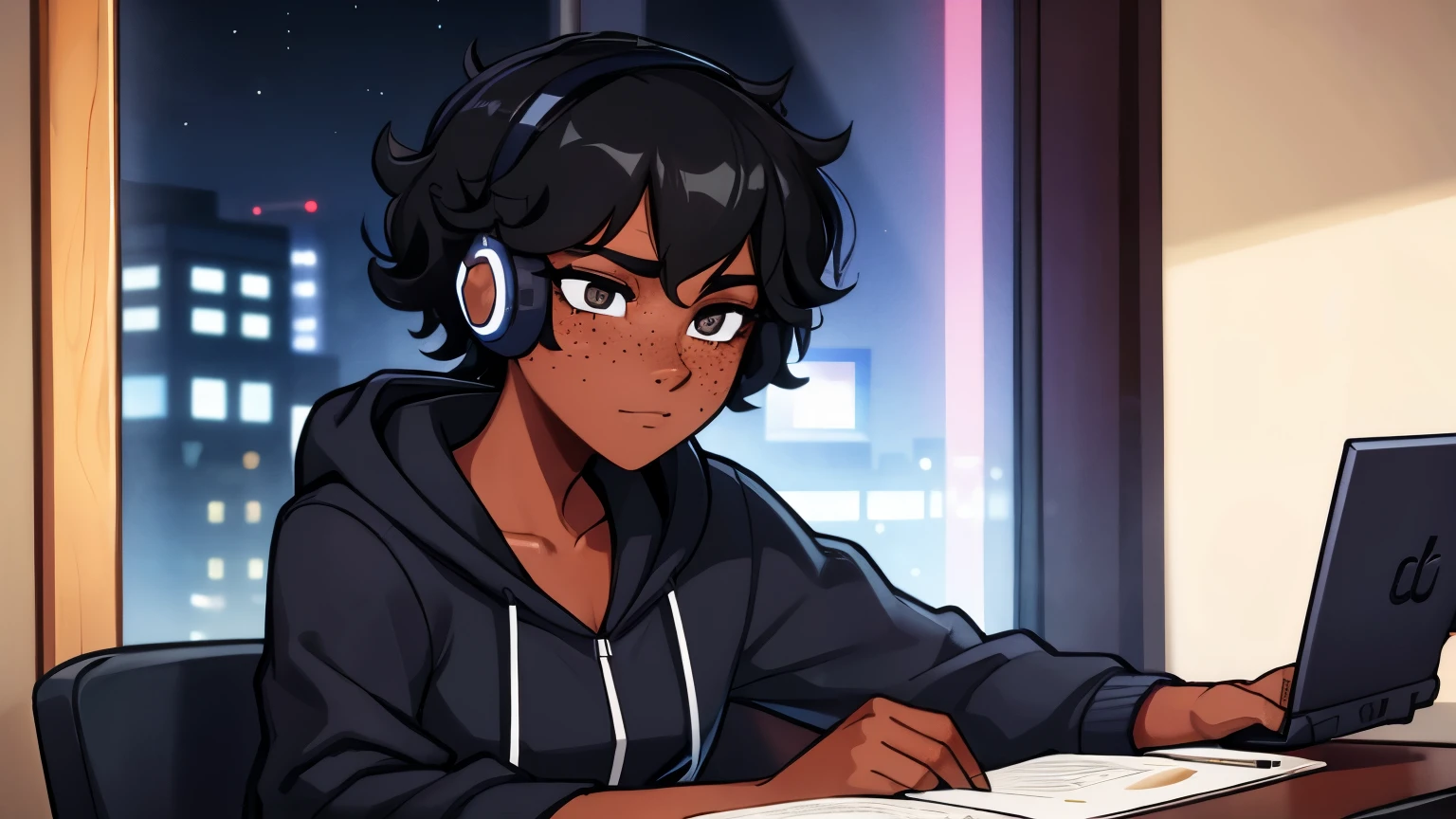 young man with dark skin, black curly hair, black eyes and freckles on her face, studying, codes, hacking, comfortable, night, headphones, high details, HD, high resolution, 4K, masterpiece