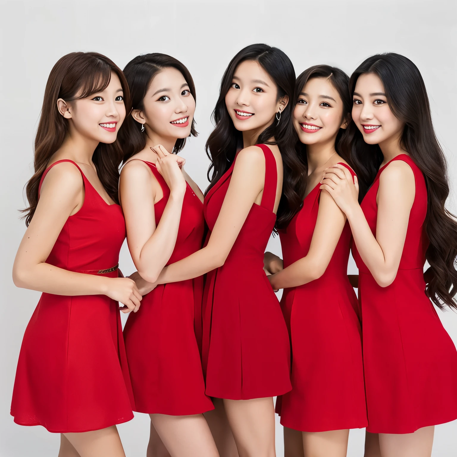 Four girls wearing red dresses
