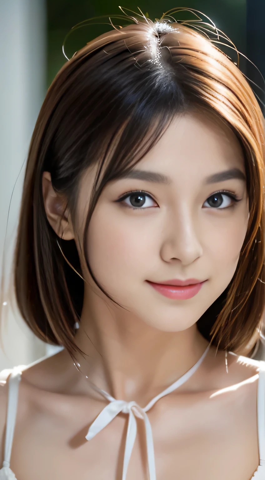 (((32k,high details,high detail、masterpiece,attention to detail,alone))),Raw photo & realistic atmosphere,beautiful dark blue eyes,detailed mouth,glossy lips,thin eyebrows,fine eyes、Soft white skin that shines in every detail、sheの深い黒色の目はとても美しいです,lip details、very beautiful face,very well-shaped face、lifelike face,shining beautiful lips,beautiful eyebrows,infinite reality, Realistic young gravure idol,she'she'she's a very cute woman , young gravure idol, young gravure idol, とても美しくてかわいい1beautiful girl 9 years old,incredibly beautiful and classy1beautiful girl 9 years old,natural soft light,(shiny hair,,Beautiful and kind eyes:1.5),gentle smile,well-shaped chest,medium long hair,Ties hair into one,beautiful posture,no makeup,think ahead,hair ornaments,