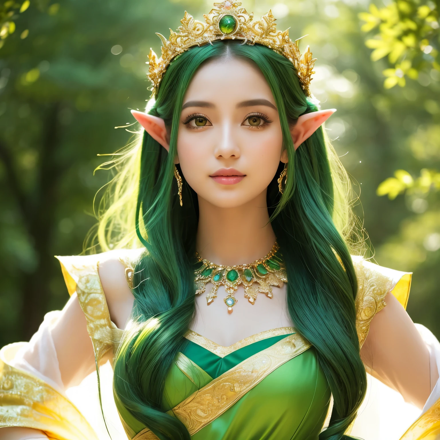 (masterpiece、highest quality、Highest image quality、8K、Award-winning work、Ultra high definition)、(one gorgeous elf princess:1.1)、(A number of intricately detailed dresses and ornaments々:1.3)、(perfect pointy elf ears:1.1)、expose one's ears、(The Most Sacred Princess Dresses:1.1)、(The most noble and luxurious elf princess dress:1.3)、(The most luxurious and highest quality giant tiara:1.1)、(The most luxurious and highest quality giant necklace:1.1)、(close up of face:1.2)、(the most beautiful princess hairstyle:1.1)、green hair、(The background is a gorgeous sacred forest:1.3)、The dress is based on green and white and has gold decorations.、(Fairy tale brilliance:1.2)、fairy tale atmosphere、fantasy、sacred and noble elf、Accurately recreate every detail of the perfect elf princess、The most complex and detailed forest、(yellow-green fog:1.2)、blurred background、(Filled with Divine Light:1.3)、beautiful sunlight filtering through the foliage、beautiful lush tree々、A forest illuminated by sacred green light、great movie lighting、smile looking at me、the most luxurious and intricate dresses、slender body、emphasize body line、accurate anatomy、perfect makeup、(Bright yellow-green eyes:1.1)、(very bright and vivid:1.1)、Green Eyeshadow、Ultra high definitionの美しい瞳、Ultra high definitionの艶のある肌、Beautiful skin that shines brightly、Ultra high definitionの艶のある美肌、Ultra high definitionの艶のある美しい髪の毛、Ultra high definitionの美しい歯、Stand upright facing the front