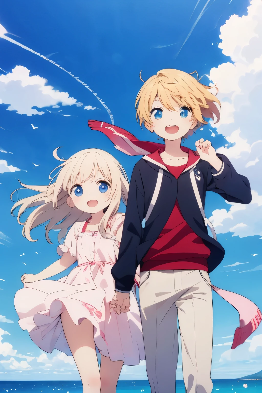masterpiece, anime, highest quality, 2 him, couple, different colors, smile, Happy, like, swirling wind, blue sky,
