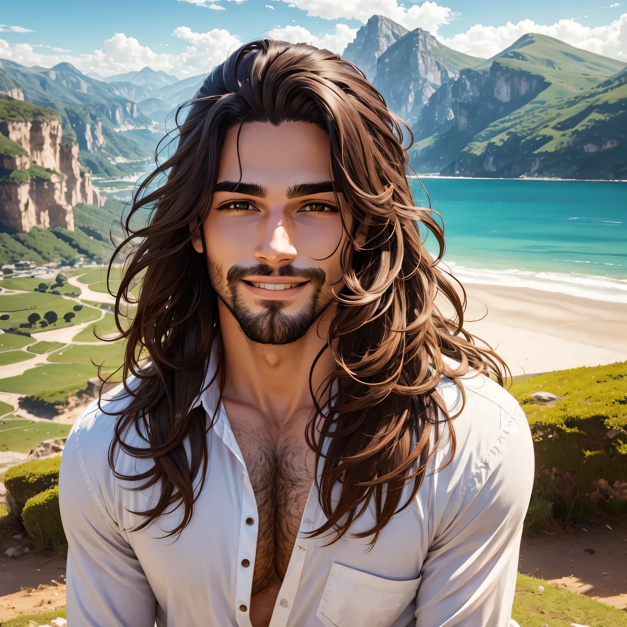 cara masculina, ancho, sonriendo, with a beautiful landscape behind 