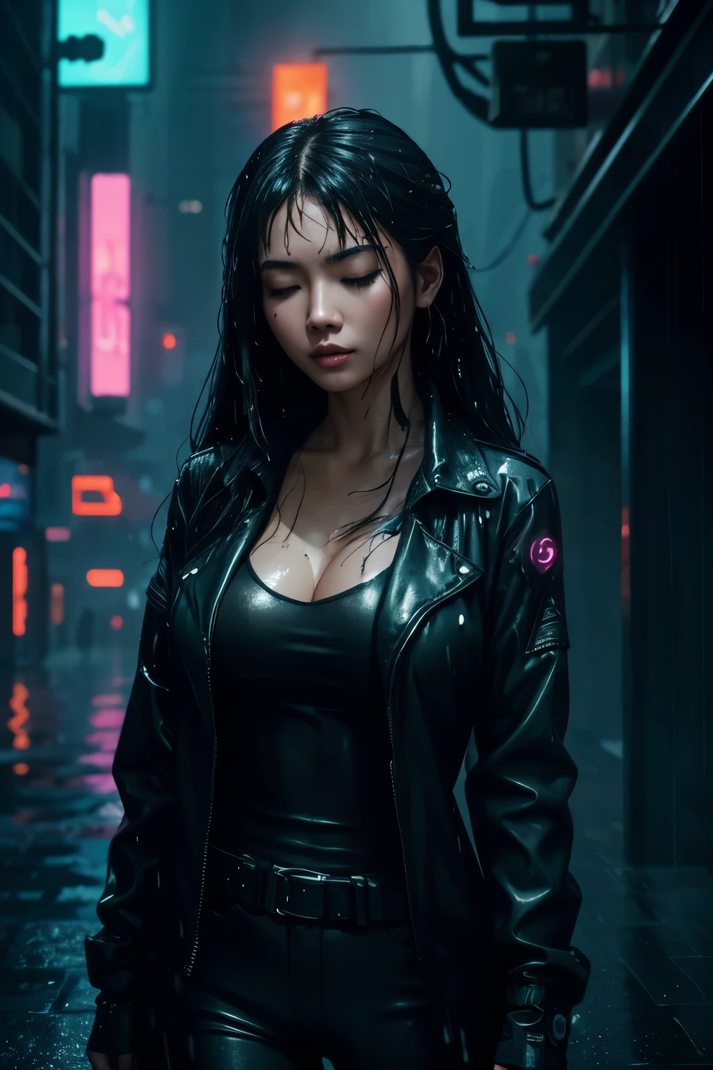 cyberpunk cityscape , dark, moody, raining, Asian woman with long black hair with light highlights, head tilted down, eyes closed, unbuttoned open blouse clinging to her skin, water running down her body, wet hair, wet clothes, mist . neon lights, dark alleys, skyscrapers, futuristic, vibrant colors, high contrast, highly detailed