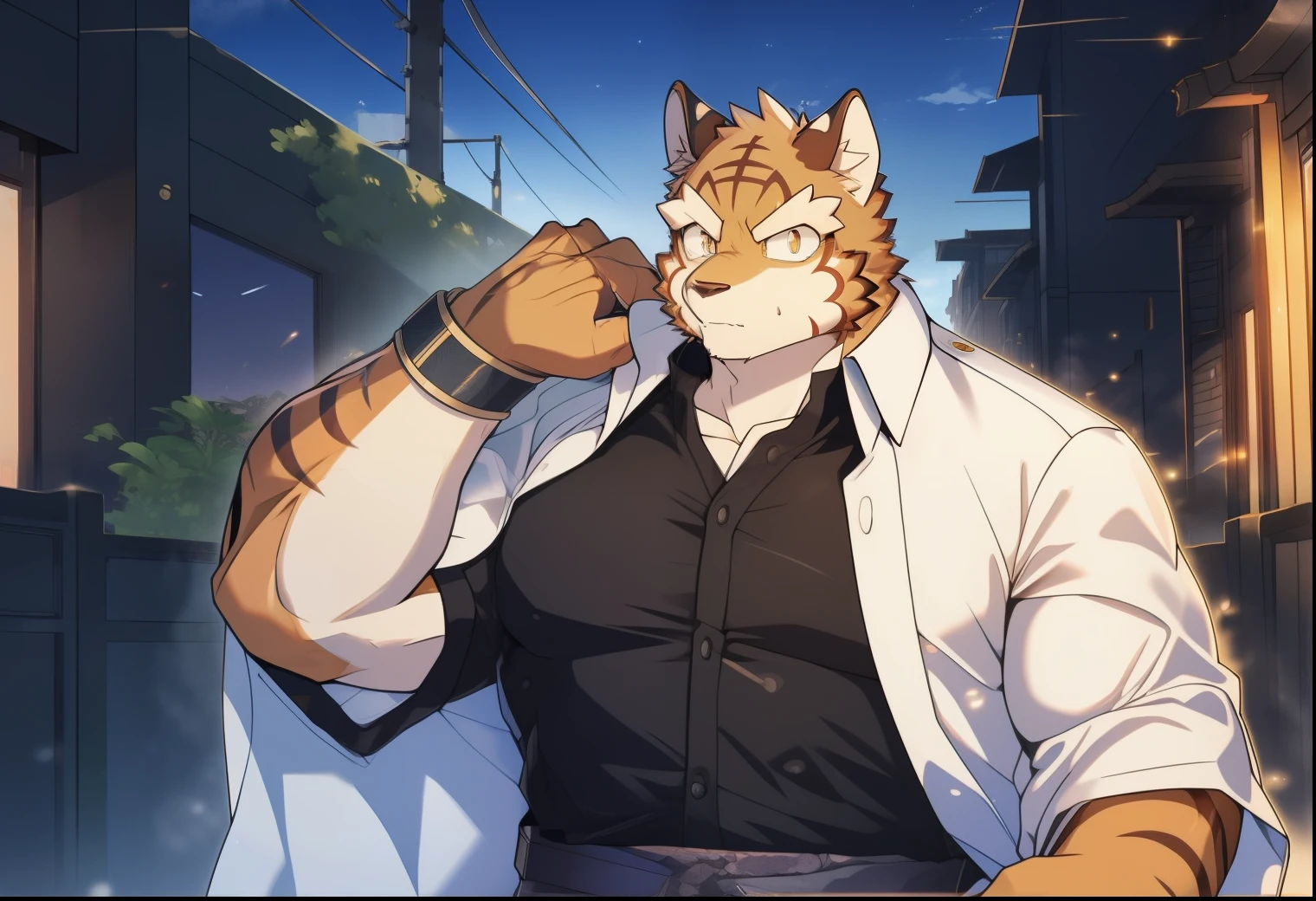 masterpiece,night,Anthropomorphic tiger,(((white hair))),male,26 years old,thick eyebrows,Light-colored fur,Strong body,Large pecs,(((nude,black jack shirt,black coat,black sports hat))),full-body shot,in city street,Katana in hand,dark night,Light,sweating,(((white hair))),panicked,Emotional stress,looking towards the viewer,anger,Fear,golden pupils,big eyes,Strong,Lying on the bed 在街道,full body image,The sky is clouded over,cloudy day,green plants,street lamp,Tall building,car,(((background:bustling street 1.5))),(((Detailed character description))),