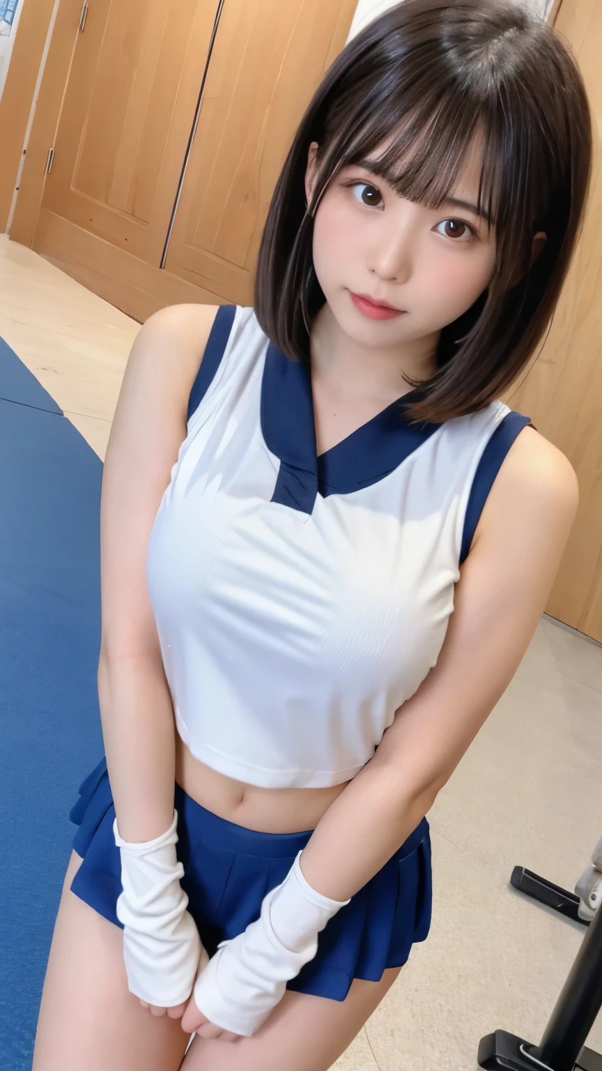 White short sleeve gym clothes、The round neck and sleeve edges are dark blue.、navy blue bloomers、Short cut beauty 30 years old、gym room with wooden floor、Standing