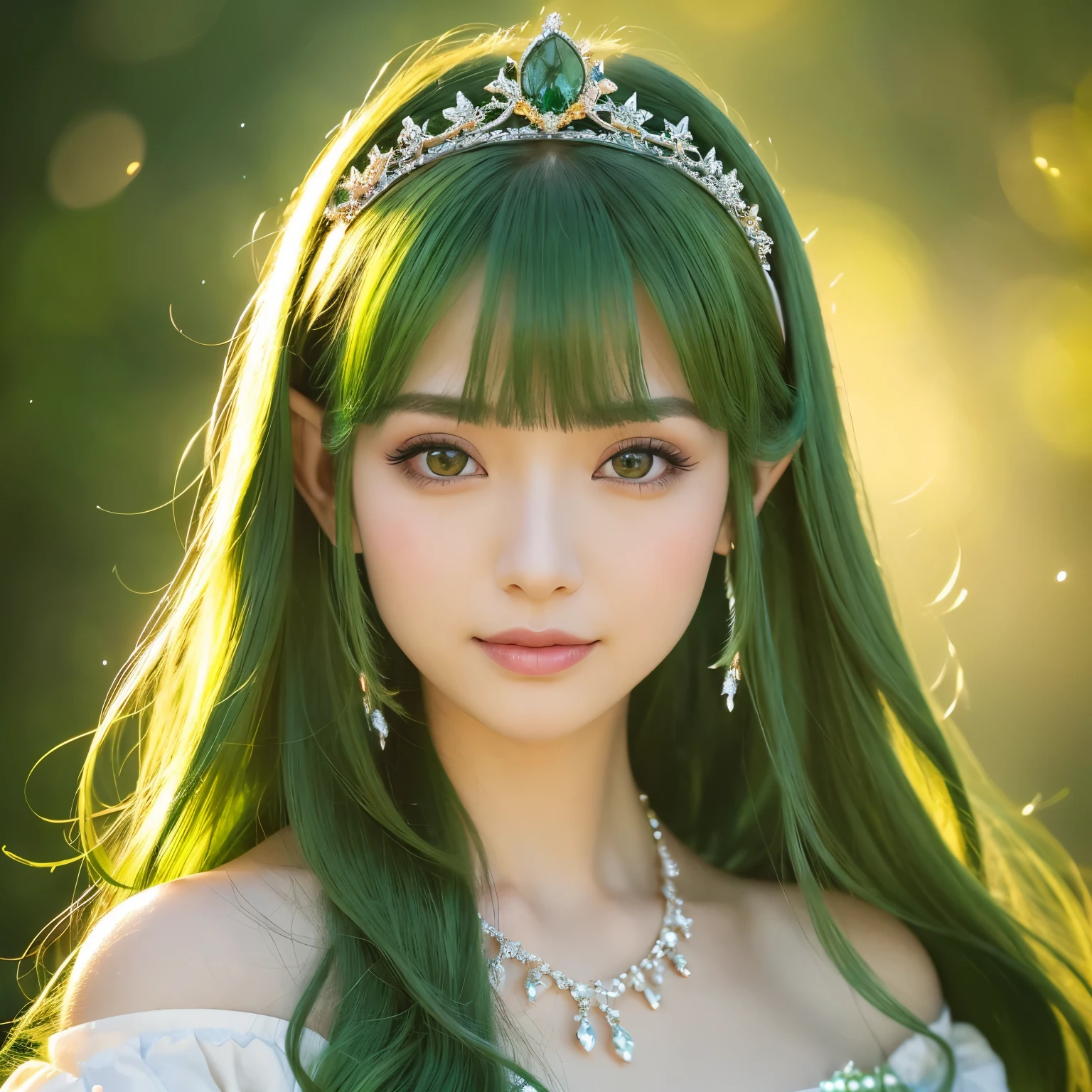 (masterpiece、highest quality、Highest image quality、8K、Award-winning work、Ultra high definition)、(one gorgeous elf princess:1.1)、(A number of intricately detailed dresses and ornaments々:1.1)、(She wears countless ornaments that are elaborately detailed.:1.1)、(A large amount of princess accessories with very elaborate details:1.1)、(perfect pointy elf ears:1.1)、Reveal pointy elf ears、(The Most Sacred Princess Dresses:1.1)、(The most noble and luxurious elf princess dress:1.1)、(expose one's shoulders:1.1)、(Beautiful oversized sleeves with transparent top quality:1.1)、(The most luxurious and highest quality giant tiara:1.1)、(The most luxurious and highest quality giant necklace:1.1)、(close up of face:1.3)、(the most beautiful princess hairstyle:1.1)、green hair、(The background is a gorgeous sacred forest:1.1)、The dress is based on green and white and has gold decorations.、(Fairy tale brilliance:1.1)、(Microscopic particles in the air sparkle in a complex yellow-green color.:1.2)、(Tyndall effect:1.1)、fairy tale atmosphere、fantasy、sacred and noble elf、Accurately recreate every detail of the perfect elf princess、The most complex and detailed forest、(yellow-green fog:1.1)、blurred background、(Filled with Divine Light:1.1)、beautiful sunlight filtering through the foliage、beautiful lush tree々、A forest illuminated by sacred green light、great movie lighting、smile looking at me、the most luxurious and intricate dresses、slender body、small cleavage、emphasize body line、accurate anatomy、perfect makeup、(鮮やかな黄緑に輝くUltra high definitionの瞳:1.1)、(very bright and vivid:1.1)、Green Eyeshadow、Ultra high definitionの美しい瞳、Ultra high definitionの艶のある肌、Beautiful skin that shines brightly、Ultra high definitionの艶のある美肌、Ultra high definitionの艶のある美しい髪の毛、Ultra high definitionの美しい歯、Stand upright facing the front