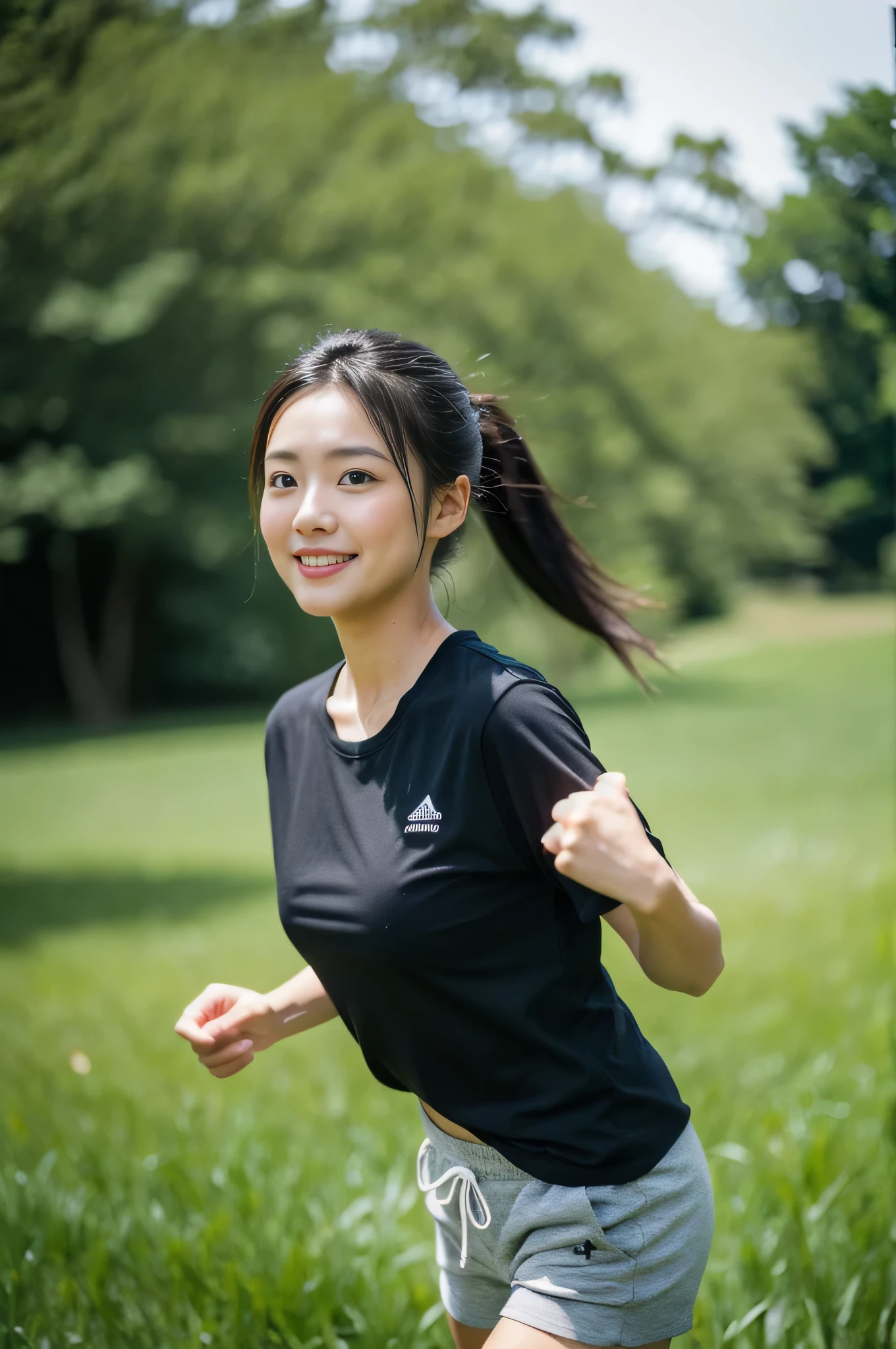 highest quality,masterpiece,32k,realistic,incredibly absurd,Depth of the bounds written、blur background、natural light medium shot,perfect female body,Photos of beautiful Japanese women,25 year old girl,looking at the viewer,grassland,ponytail,black hair,T-shirt,shorts,Happy,