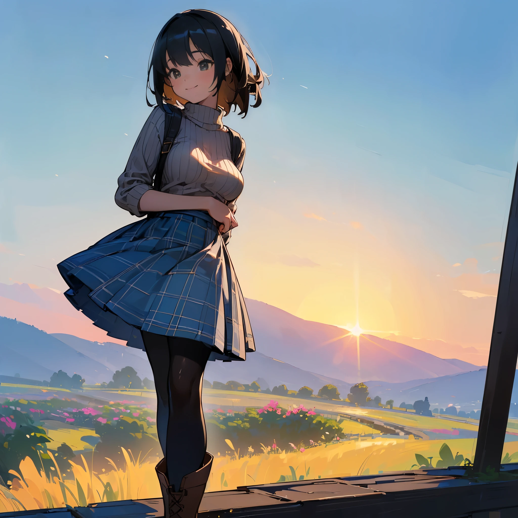 (high quality, High resolution, Super detailed, reality:1.37), peaceful atmosphere, (outdoor, garden), teenage girl standing alone, (my breasts are big.), Beautiful detail features, cute smile, (black bob hair), ribbed sweater, blue plaid skirt, black tights, brown boots.