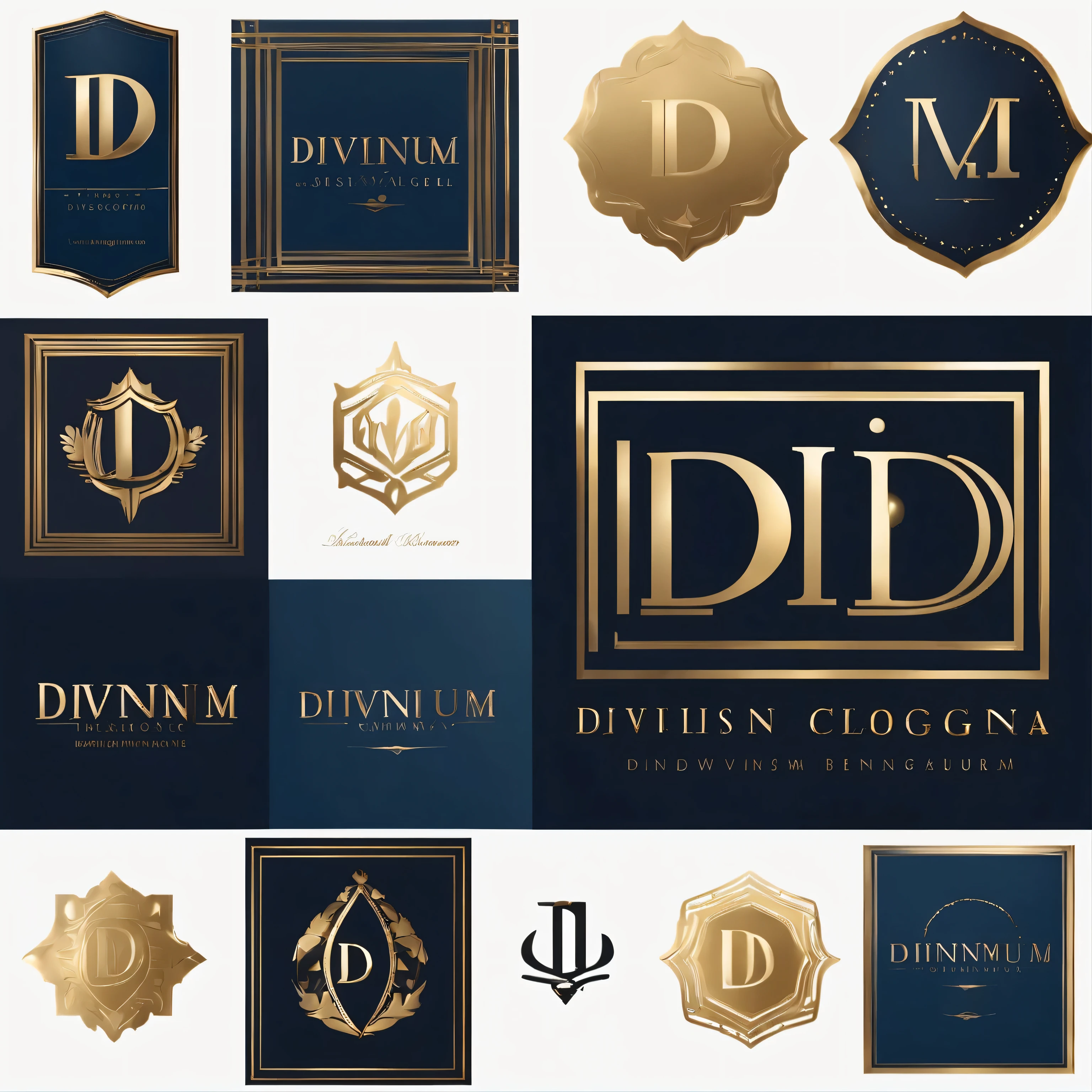 um vetor de logotipo minimalista "Design de logotipo para a marca Divinum, focused on conveying sophistication and elegance. From the logotype I must highlight the letter 'D' from the Divine in a different form from the refined one. Use uma paleta de cores luxuosa, como tons de azul escuro, Preto e dourado , to create a sophisticated look. O estilo do logotipo deve ser minimalista, mas impactante, evoking a feeling of exclusivity and refinement. Make sure the logo is easily recognizable and suitable for different contexts of use."