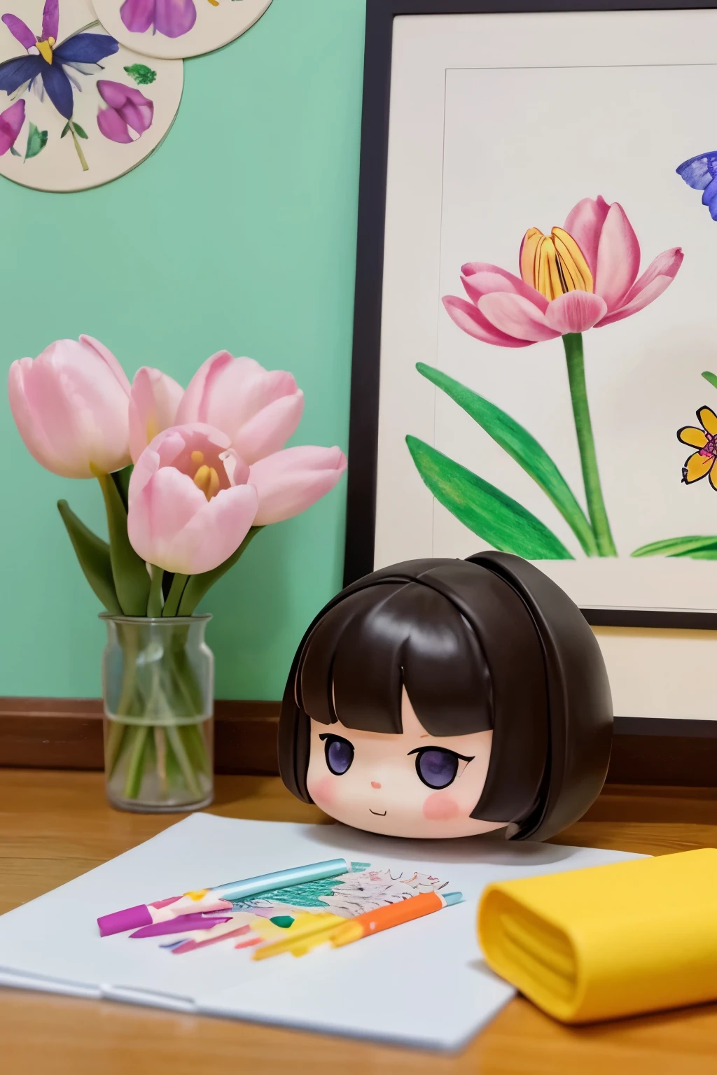 The following scenes will be expressed using chibi girl dolls.（Photoreal、A girl is drawing pictures of tulip flowers and butterflies on the wall with crayons.、The picture is a &#39;s doodle, but it&#39;s very colorful.）