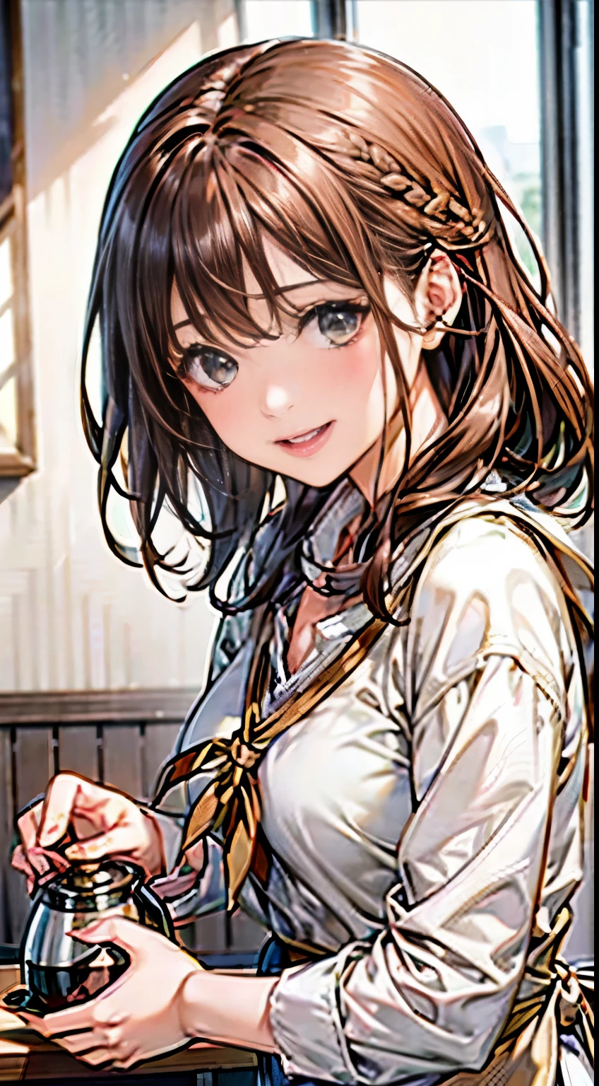 masterpiece,highest quality,Stylish western style cafe,female cafe clerk,(cafe clerkの:1.3,fine clothes),(carry a coffee pot),laughter,Bright atmosphere in the store, highest quality、8Kのmasterpiece、超A high resolution、(Photoreal:1.3)、Raw photo、(1 female), ((brown hair, casually tied hair:1.6)), glowing skin, cafe clerk, stylish, cute apron、((Super realistic details))、portrait、global illumination、octane rendering、In 8K、super sharp、very intricate details、realistic light、Trends in CG society、beautiful eyes、shining eyes、towards the camera