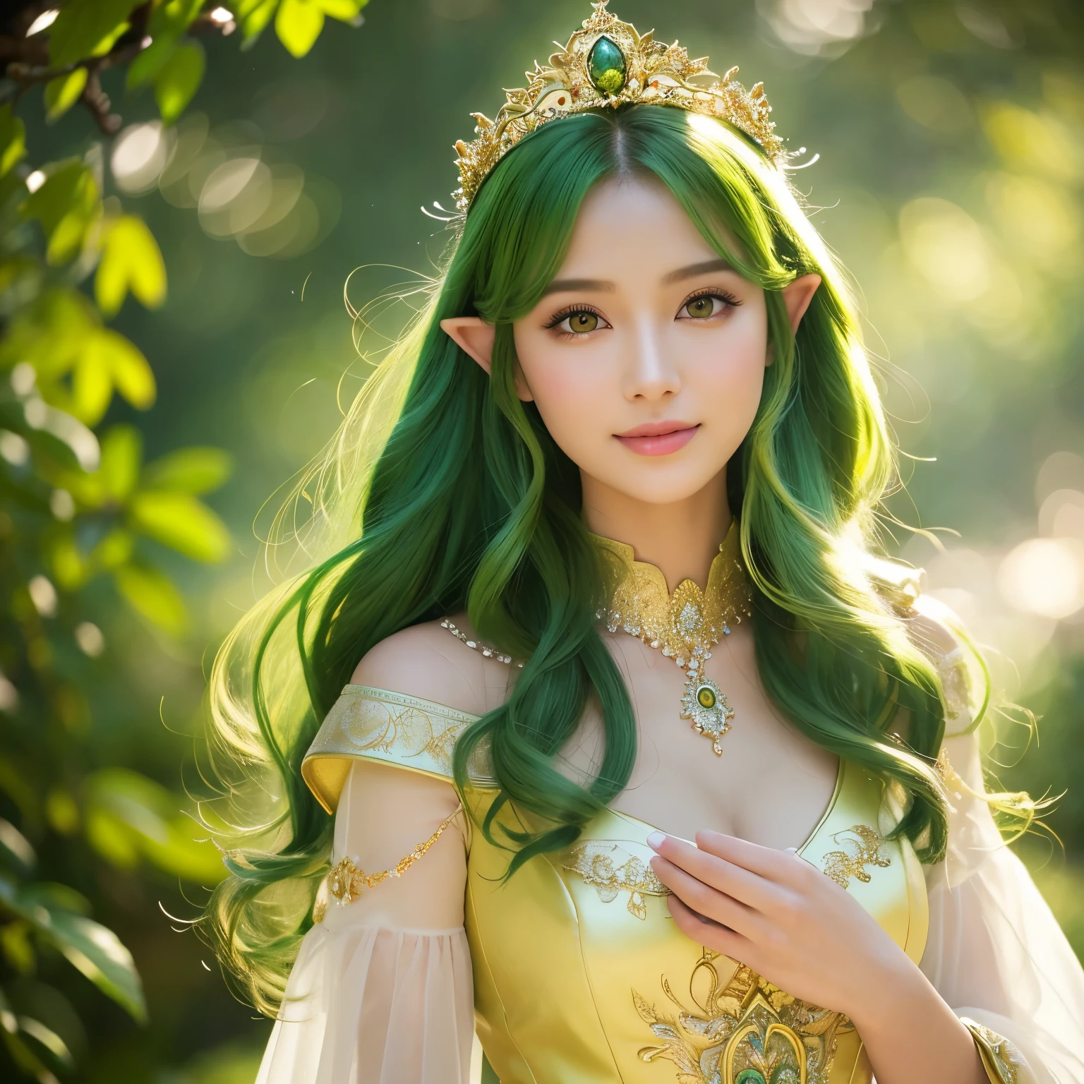 (masterpiece、highest quality、Highest image quality、8K、Award-winning work、Ultra high definition)、one gorgeous elf princess、(A number of intricately detailed dresses and ornaments々:1.1)、(perfect pointy elf ears:1.1)、(The Most Sacred Princess Dresses:1.1)、(The most luxurious and highest quality giant tiara:1.1)、(The most luxurious and highest quality giant necklace:1.1)、(close up of face:1.2)、(the most beautiful princess hairstyle:1.1)、green hair、(The background is a gorgeous sacred forest:1.1)、The dress is based on green and white and has gold decorations.、(Fairy tale brilliance:1.2)、fairy tale atmosphere、fantasy、sacred and noble elf、Accurately recreate every detail of the perfect elf princess、The most complex and detailed forest、(yellow-green fog:1.2)、blurred background、(Filled with Divine Light:1.2)、beautiful sunlight filtering through the foliage、beautiful lush tree々、A forest illuminated by sacred green light、great movie lighting、smile looking at me、the most luxurious and intricate dresses、slender body、emphasize body line、accurate anatomy、perfect makeup、(Bright yellow-green eyes:1.1)、(very bright and vivid:1.1)、Green Eyeshadow、Ultra high definitionの美しい瞳、Ultra high definitionの艶のある肌、Beautiful skin that shines brightly、Ultra high definitionの艶のある美肌、Ultra high definitionの艶のある美しい髪の毛、Ultra high definitionの美しい歯、Stand upright facing the front