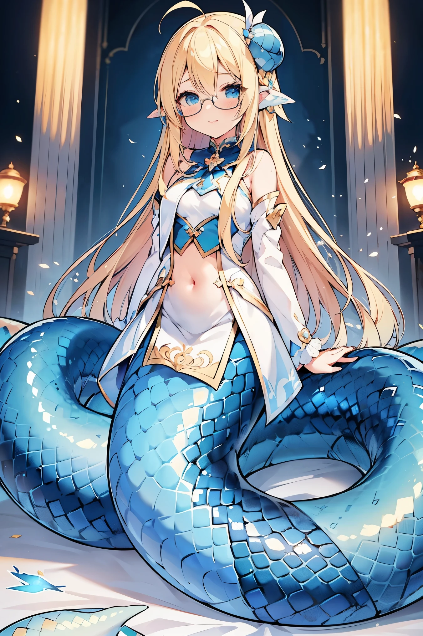 masterpiece, best quality,a girl,Lamia,blue snake tail,Long blonde hair,blue eyes,Glasses,Idol,Idol服,full-body shot,charming脸, Oval face(kawaii, charming,soft)