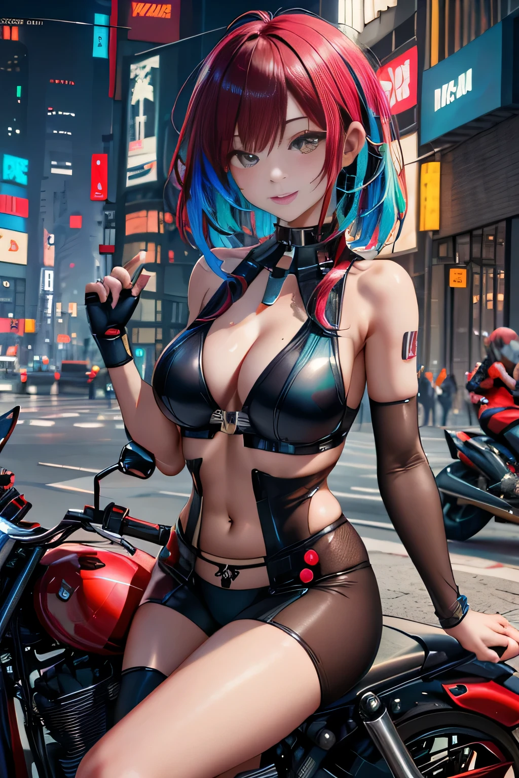 (Night in Cyber City),(Wear red underwear:1.7)、big and full breasts、(((Transparent, Colorful cyberpunk costume that sticks to your chest:1.7))),(((Woman in sheer colorful cyberpunk costume:1.7 ))),(((A woman riding a colorful custom-painted motorcycle through the city:1.7))), Shiny light brown and orange striped short hair,cute smile,perfect round face,A cheerful smile that makes the viewer happy,proper body proportions,table top,Super high quality output image,High resolution,intricate details,very delicate and beautiful hair,realistic pictures,dream-like,professional lighting,realistic shadow,focus only,beautiful hands,beautiful fingers,Detailed functions of fingers,Detailed features of the wear,Detailed characteristics of hair,detailed facial features,(((emphasize the chest:1.3))),(dynamic angle),(dynamic and sexy pose),laughter、cute round face,,(table top,highest quality,超High resolutionの出力画像,) ,(8K quality,),(sea art 2 mode.1),(Image mode Ultra HD,)