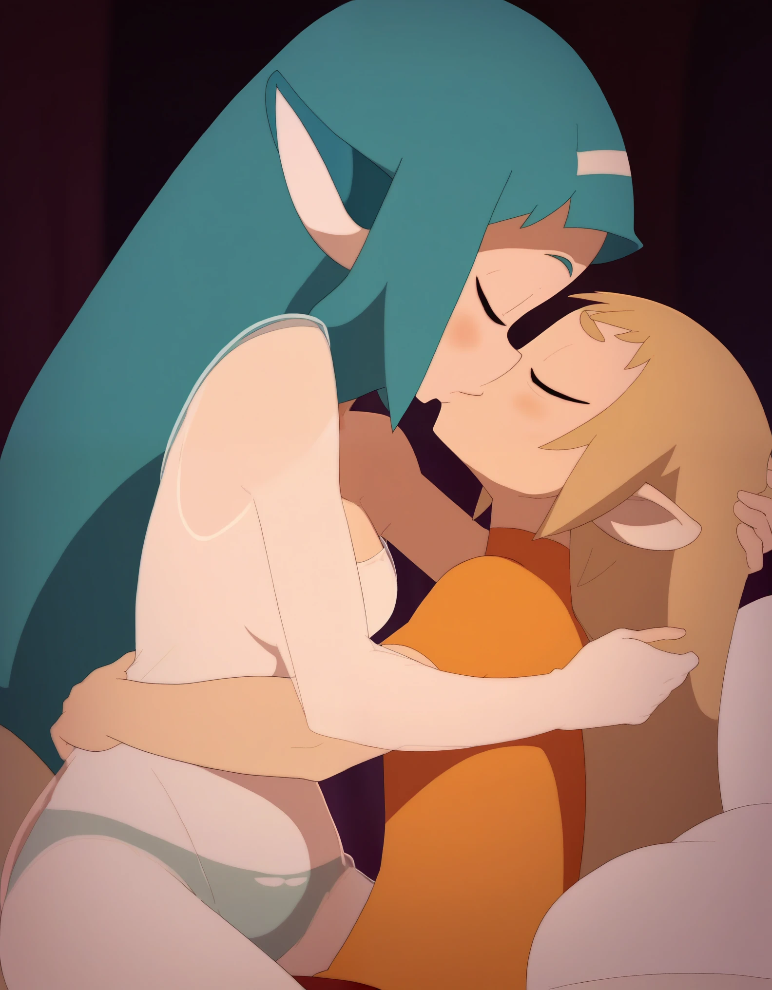 score_9, score_8_up, score_7_up, score_6_up, BREAK, duo, bakarajurgen,  yugo, masterpiece, best quality, 1girl, cleavage, long hair, pointy ears, see-through, solo, underwear, bed, bedroom background, kiss, kissing, hug