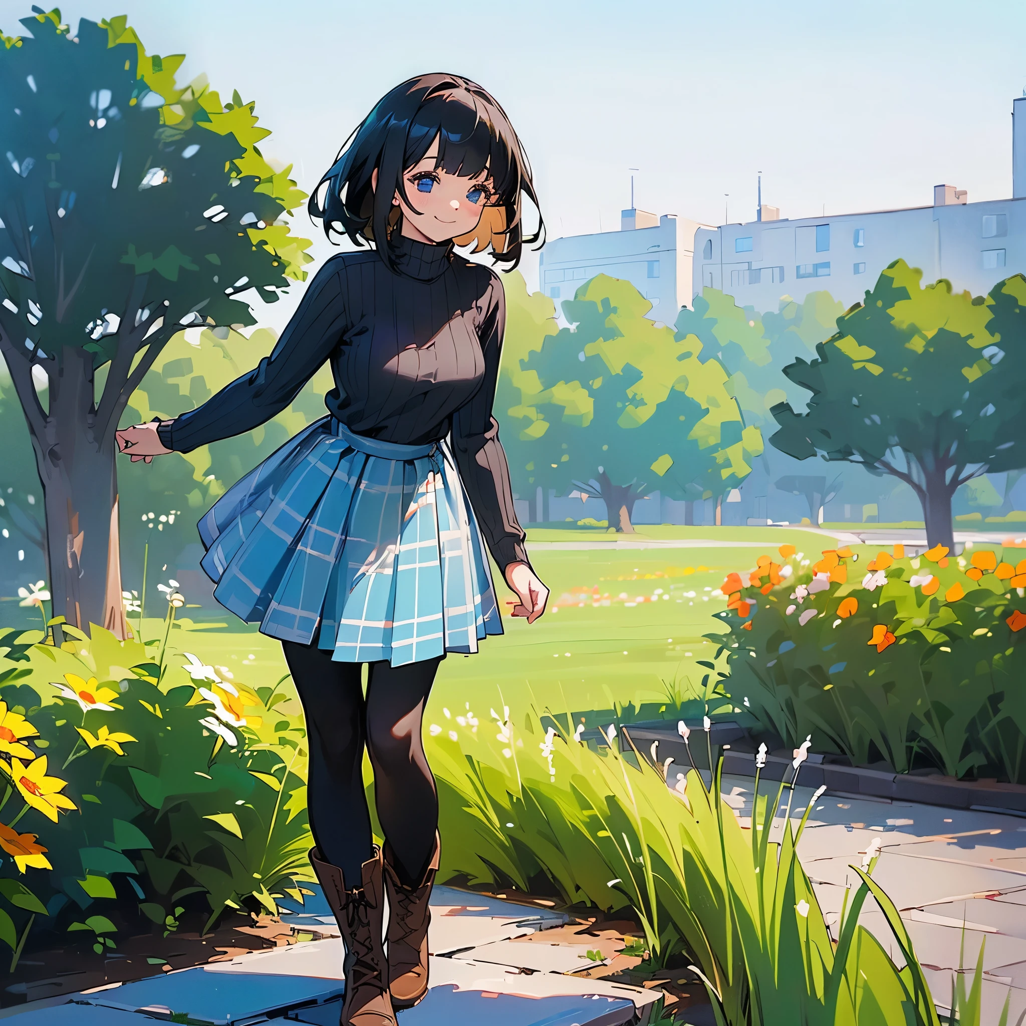 (high quality, High resolution, Super detailed, reality:1.37), peaceful atmosphere, (outdoor, garden), age girl standing alone, (my breasts are big.), Beautiful detail features, cute smile, (black bob hair), ribbed sweater, blue plaid skirt, black tights, brown boots.